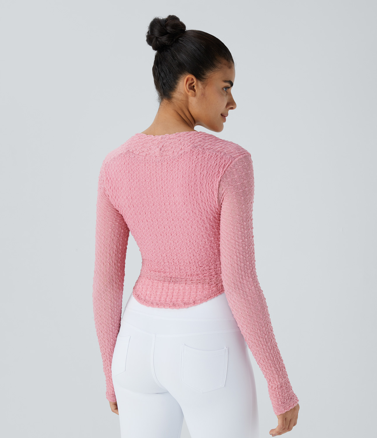 Halara Square Neck Long Sleeve Thumb Hole Curved Hem Contrast Mesh Solid Yoga Sports Top  - Powder Pink - XS 