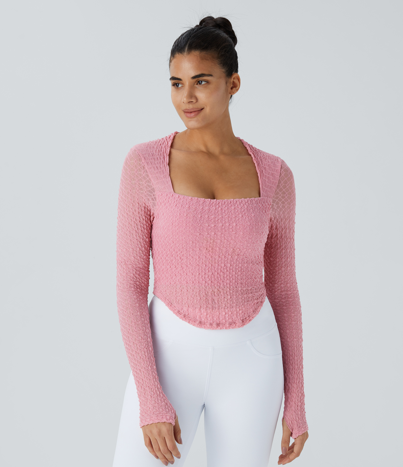 Halara Square Neck Long Sleeve Thumb Hole Curved Hem Contrast Mesh Solid Yoga Sports Top  - Powder Pink - XS 