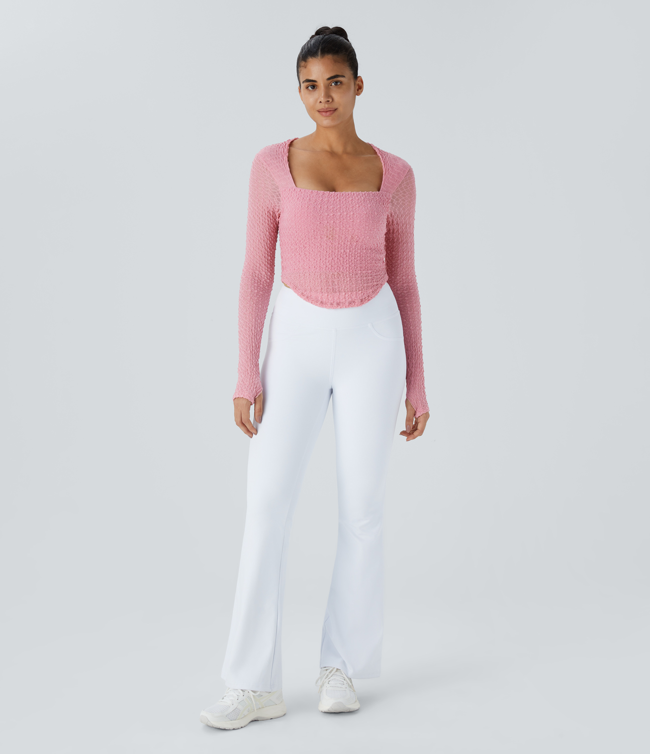 Halara Square Neck Long Sleeve Thumb Hole Curved Hem Contrast Mesh Solid Yoga Sports Top  - Powder Pink - XS 