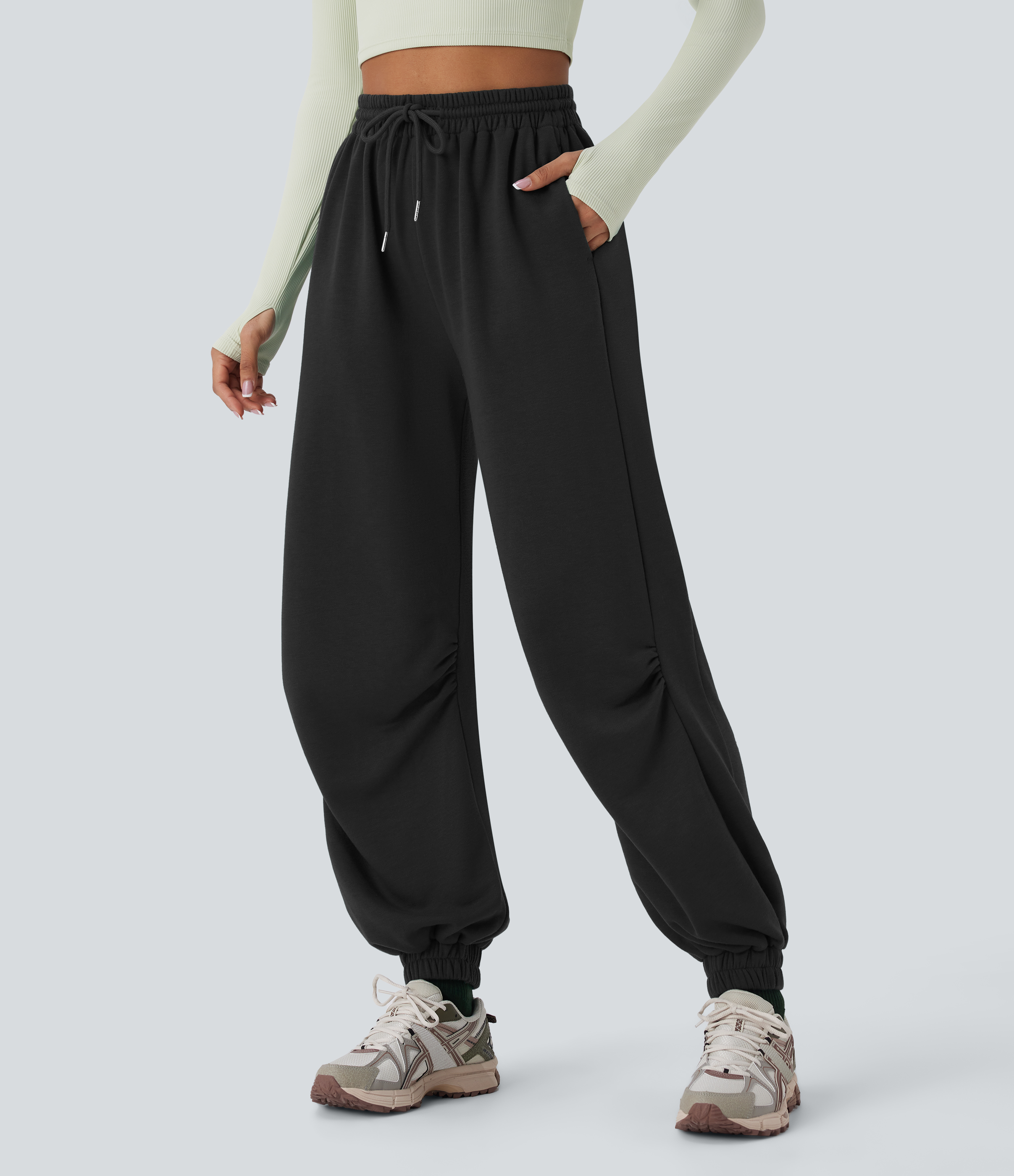 Halara High Waisted Drawstring Side Pocket Running Joggers  - Black - XS(regular) 