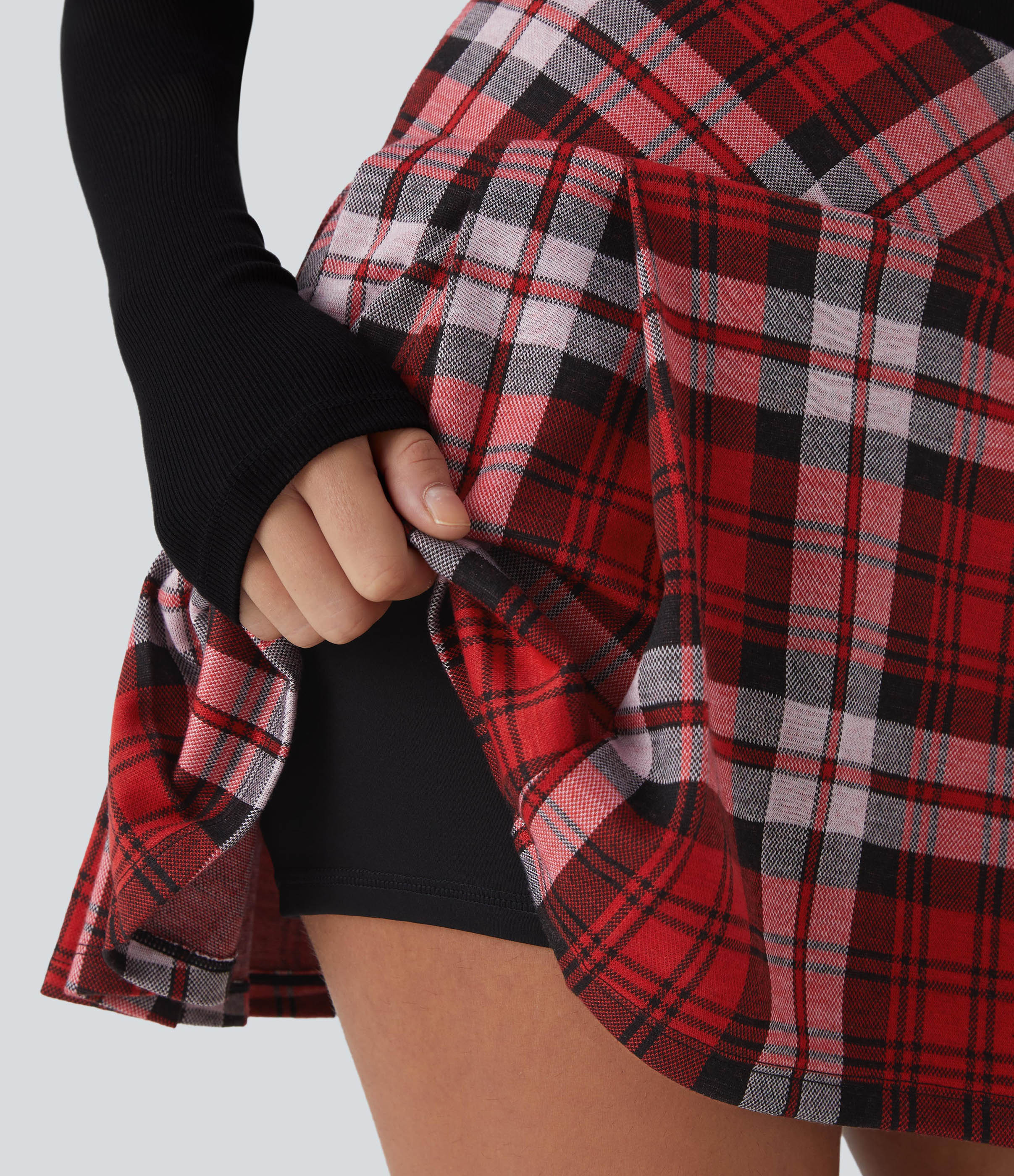 Halara High Waisted Decorative Buckle 2-in-1 Plaid Pleated Mini Casual Skirt  - Light Red Plaid - S(regular) 