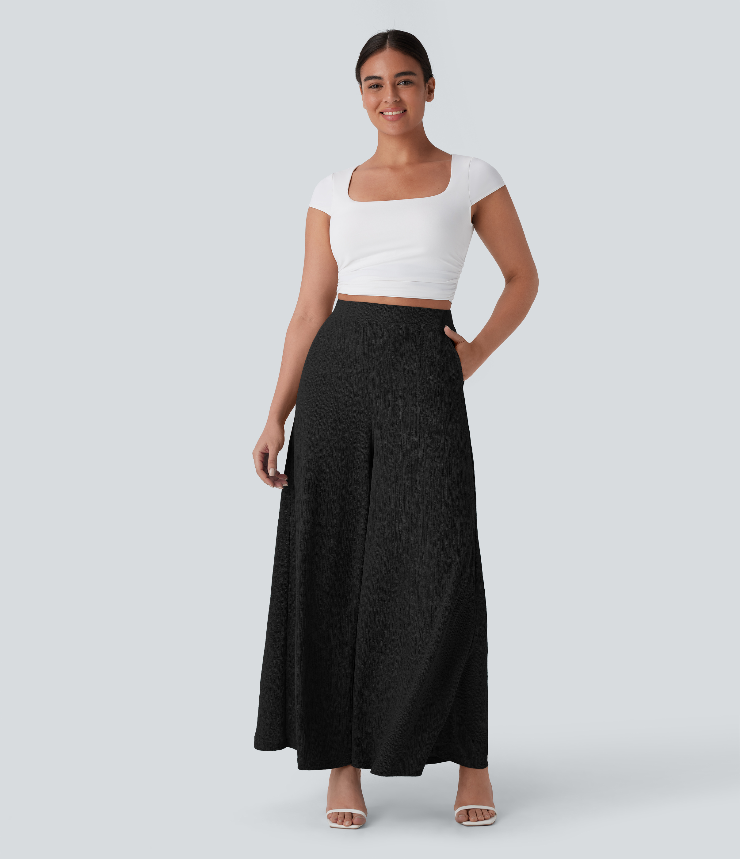 Halara High Waisted Side Pocket Wide Leg Flowy Casual Pants  - Black - XS(regular) sweatpants jogger pants stacked sweatpants cargo joggers 