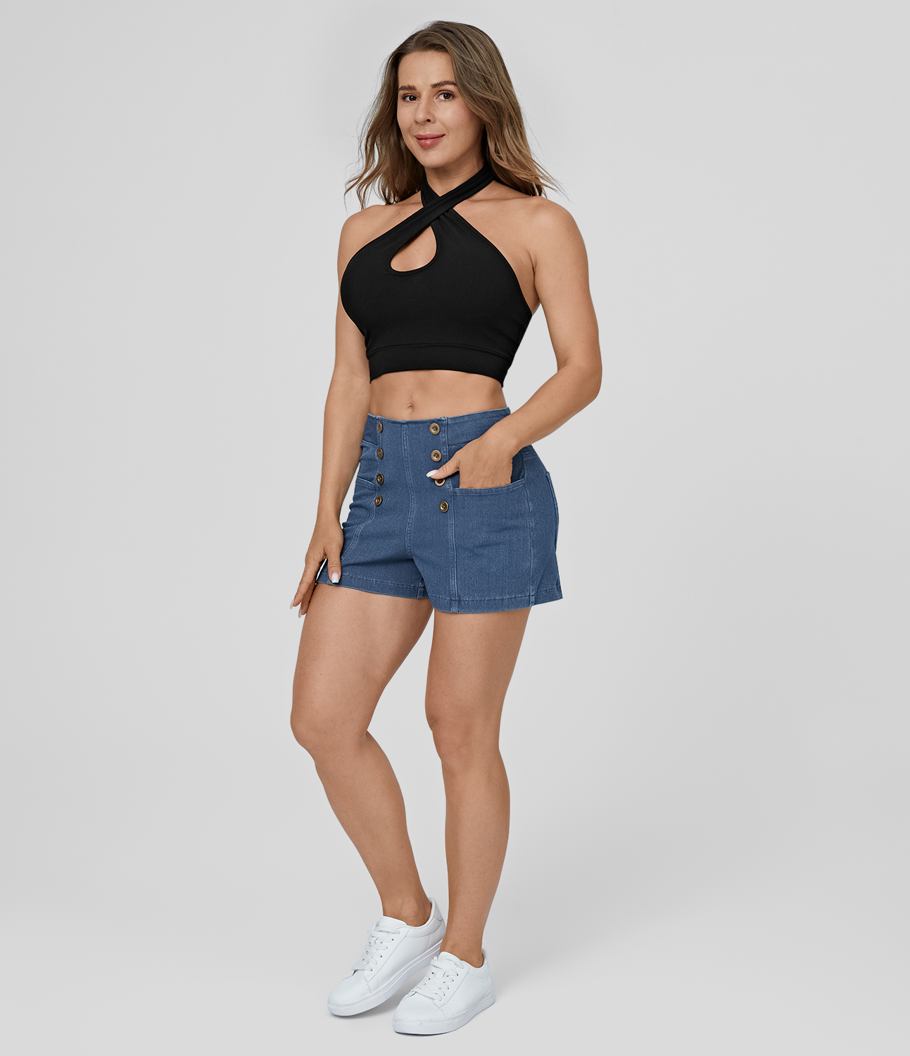 

Halara HalaraMagicв„ў High Waisted Button Multiple Pockets Cool Touch Breathable Washed Stretchy Knit Denim Casual Shorts 2.5'' - Washed Denim Lake Blue