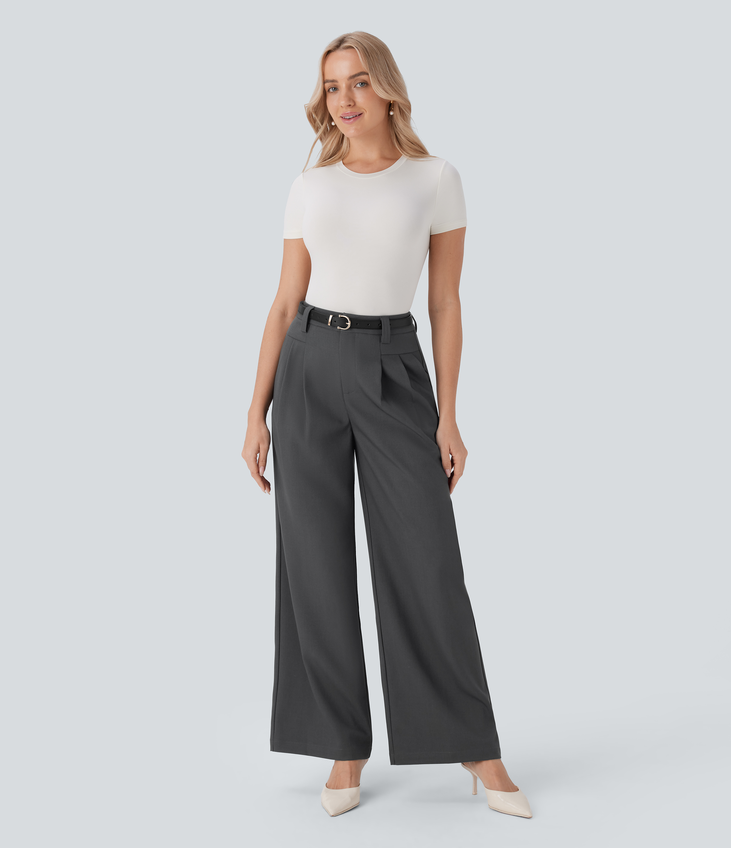 Halara High Waisted Side Pocket Wide Leg Work Pants  - Dark Shadow - M(regular) sweatpants jogger pants stacked sweatpants cargo joggers 