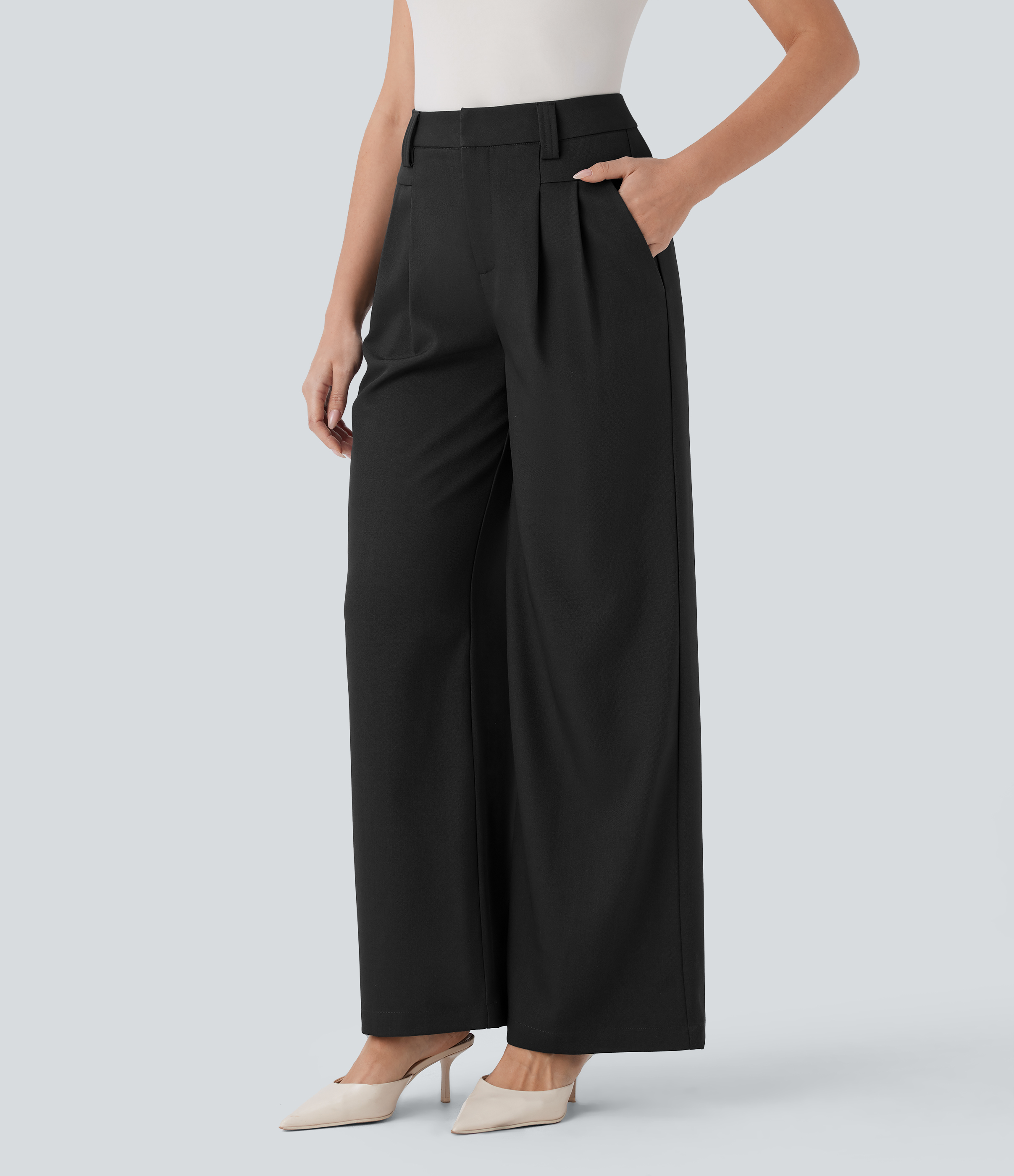Halara High Waisted Side Pocket Wide Leg Work Pants  - Black - XL(regular) sweatpants jogger pants stacked sweatpants cargo joggers 