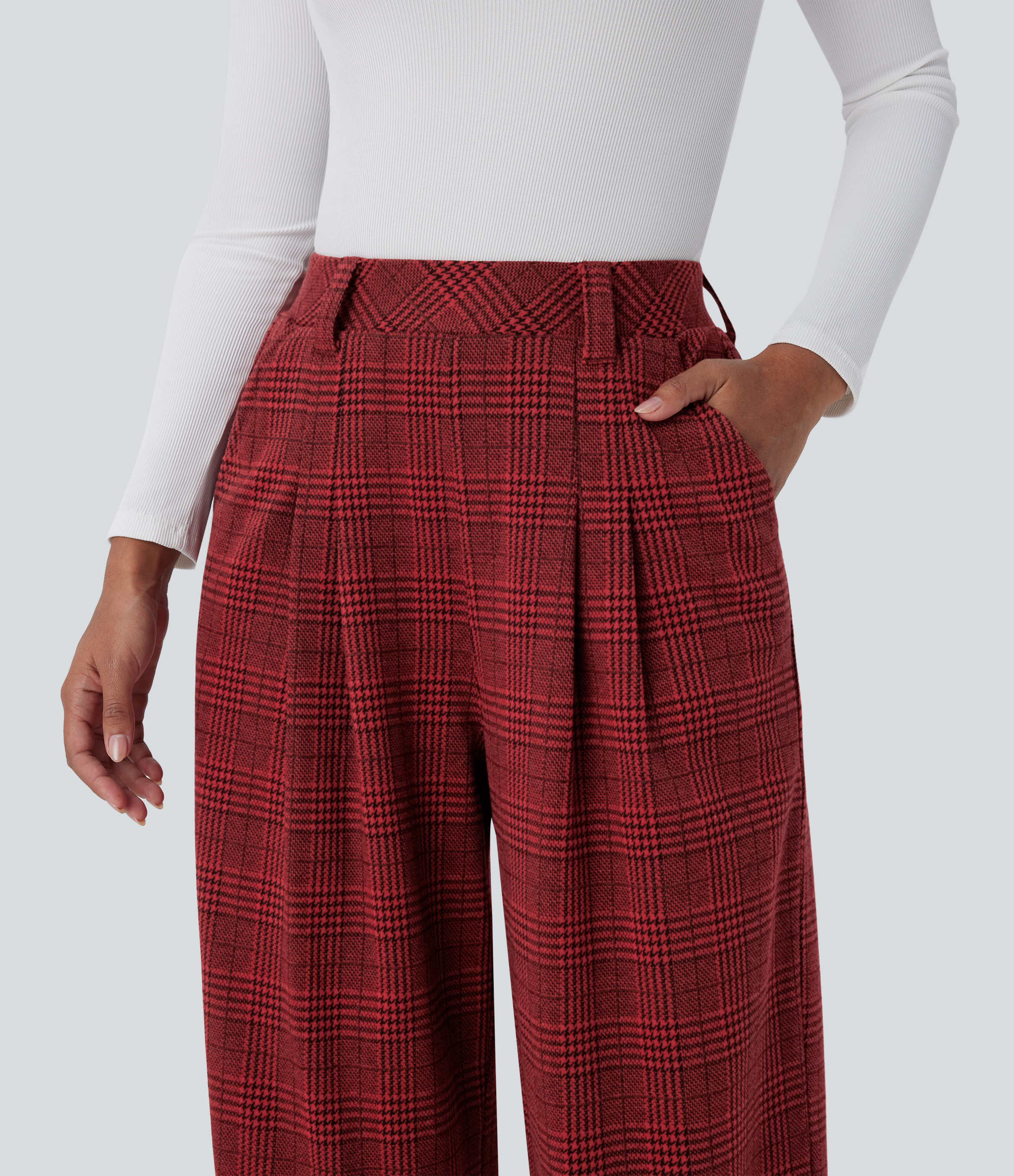 Halara High Waisted Side Pocket Wide Leg Houndstooth Plaid Casual Pants  - Burgundy Houndstooth Pattern - L(regular) sweatpants jogger pants 