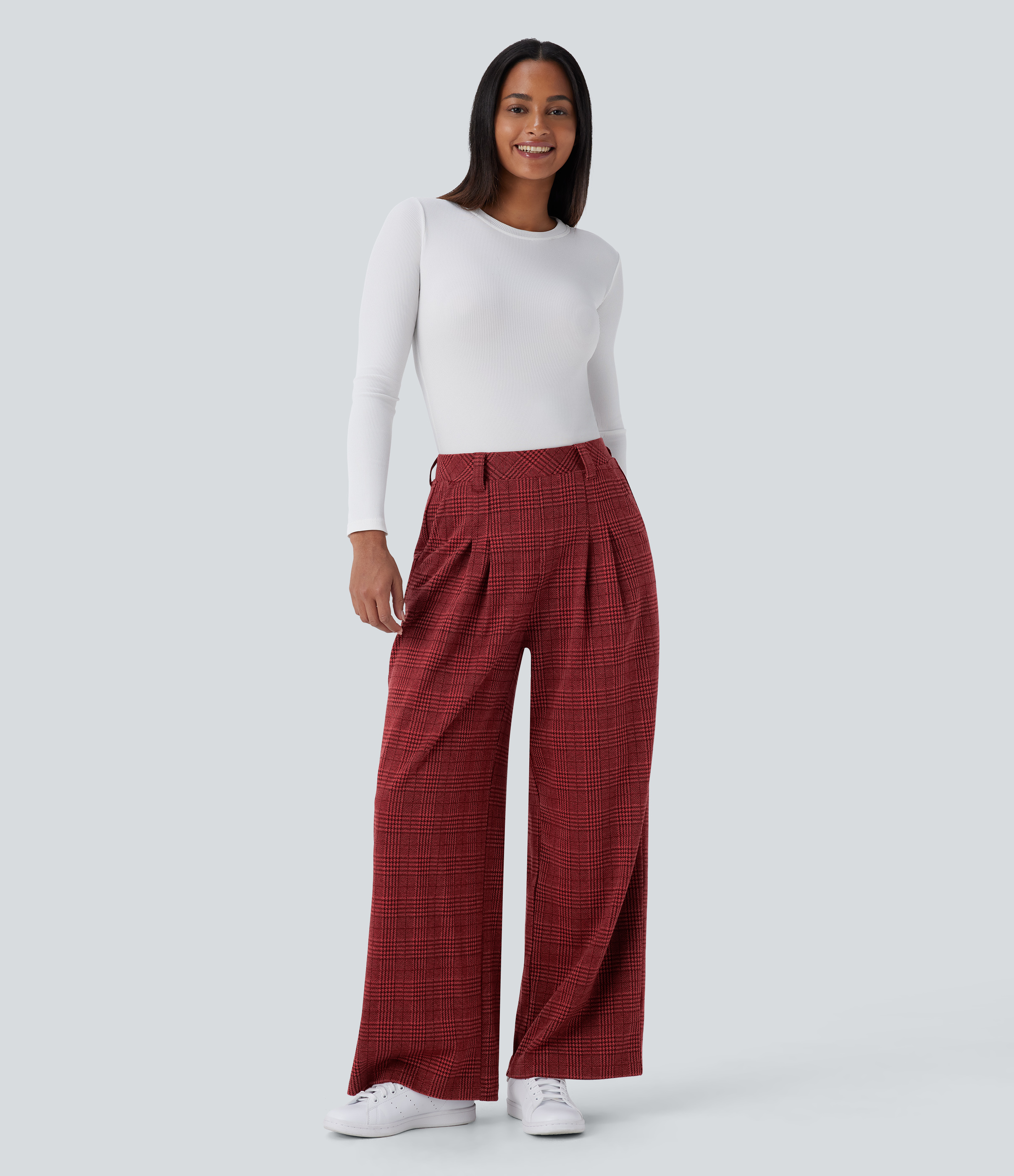 Halara High Waisted Side Pocket Wide Leg Houndstooth Plaid Casual Pants  - Burgundy Houndstooth Pattern - L(regular) sweatpants jogger pants 