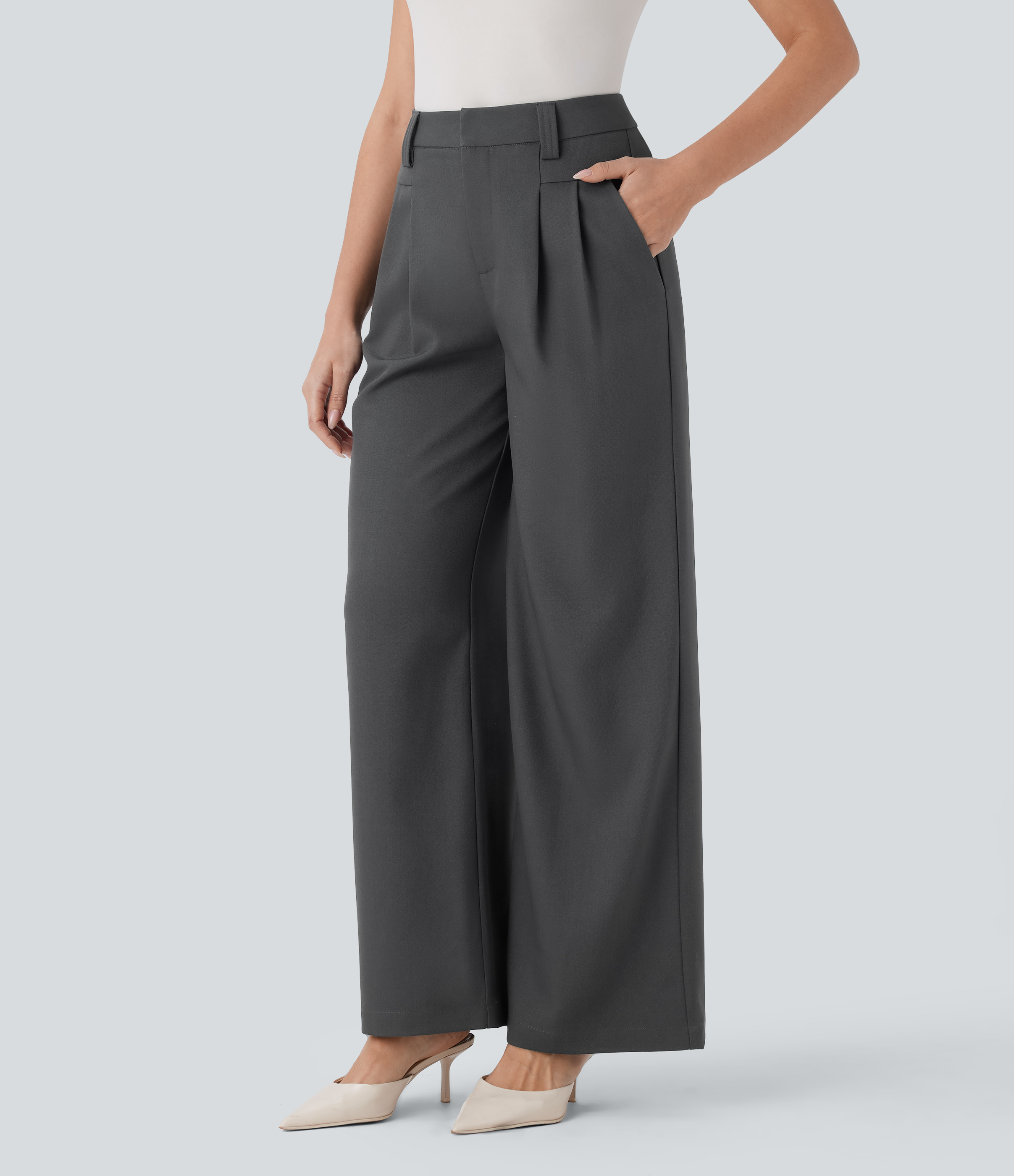 Halara High Waisted Side Pocket Wide Leg Work Pants  - Dark Shadow - M(regular) sweatpants jogger pants stacked sweatpants cargo joggers 