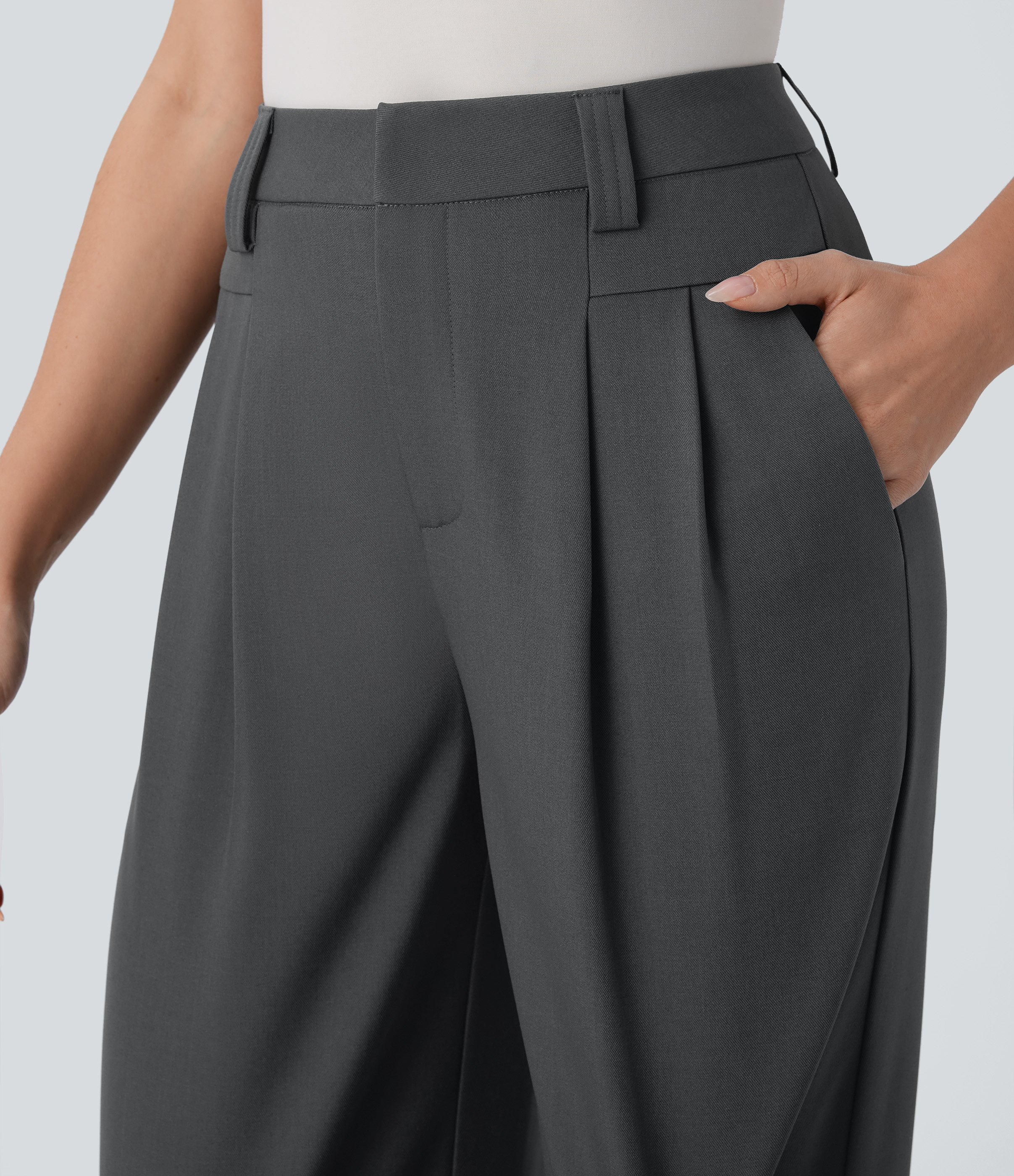 Halara High Waisted Side Pocket Wide Leg Work Pants  - Dark Shadow - M(regular) sweatpants jogger pants stacked sweatpants cargo joggers 