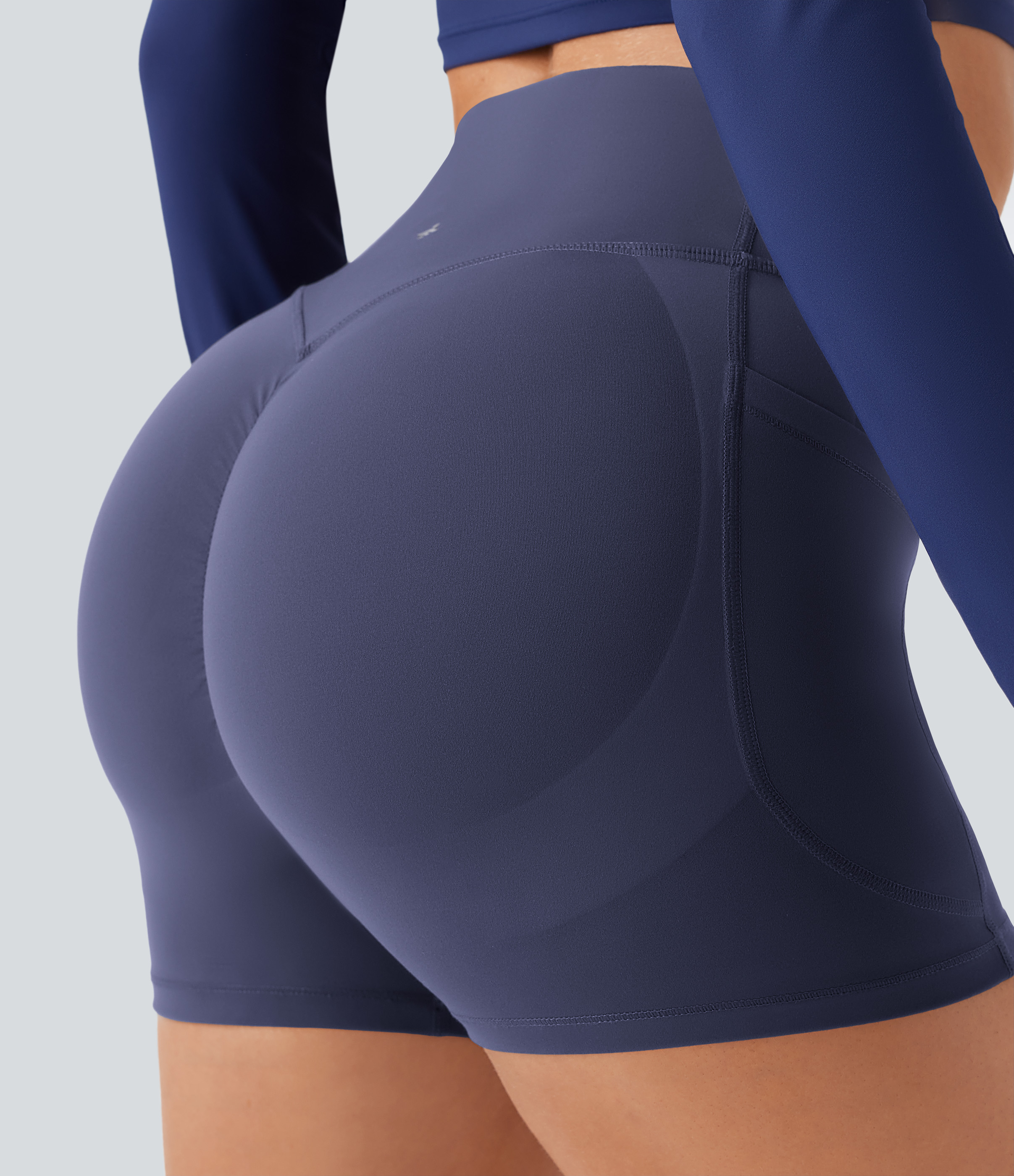 Halara SoCinched High Waisted Scrunch Butt Lifting Tummy Control Side Pocket Shaping Workout UltraSculpt Biker Shorts 3``  - Mood Indigo - S 
