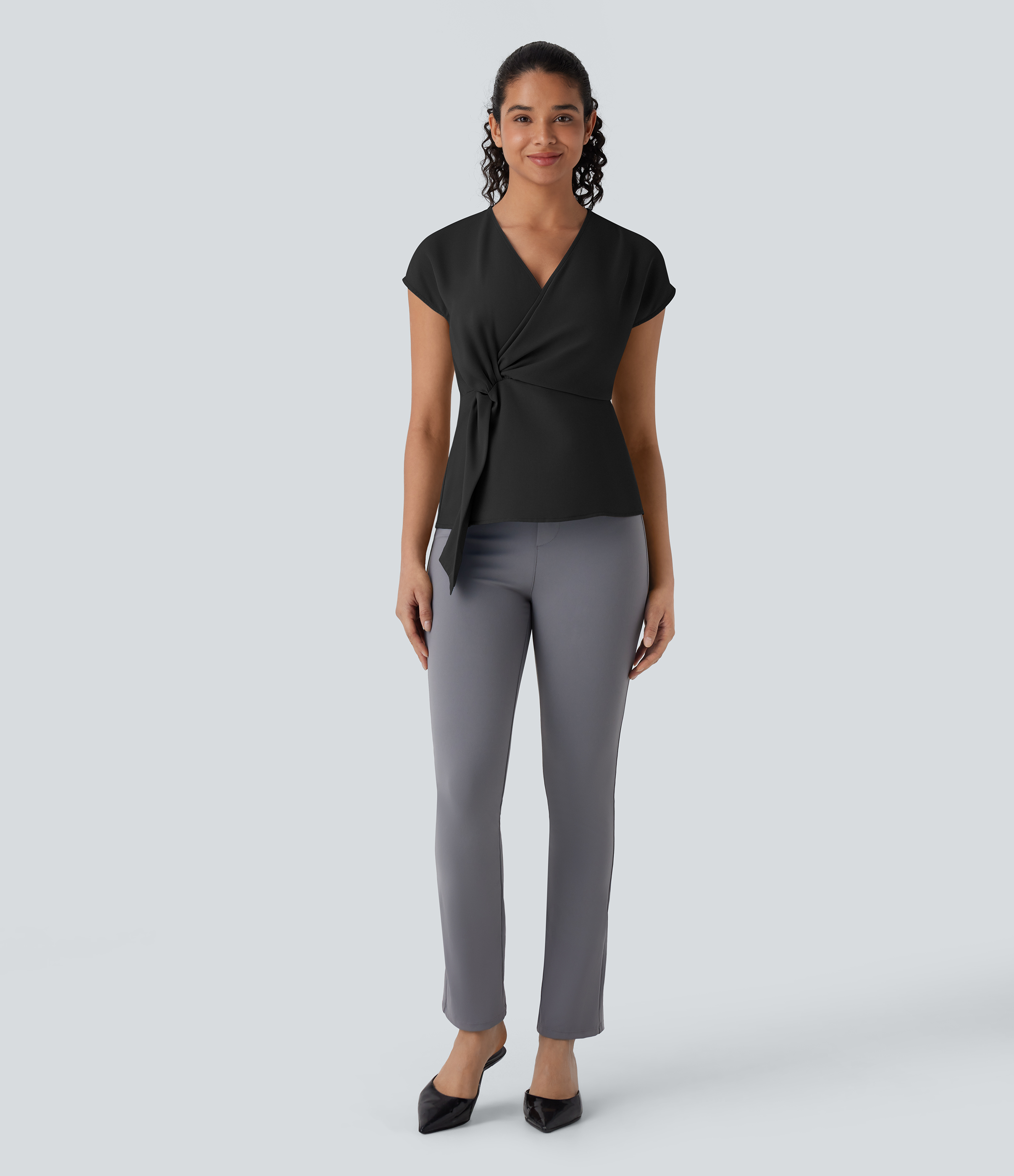 Halara V Neck Short Sleeve Wrapped Ruched Work Blouse  - Black - XS 