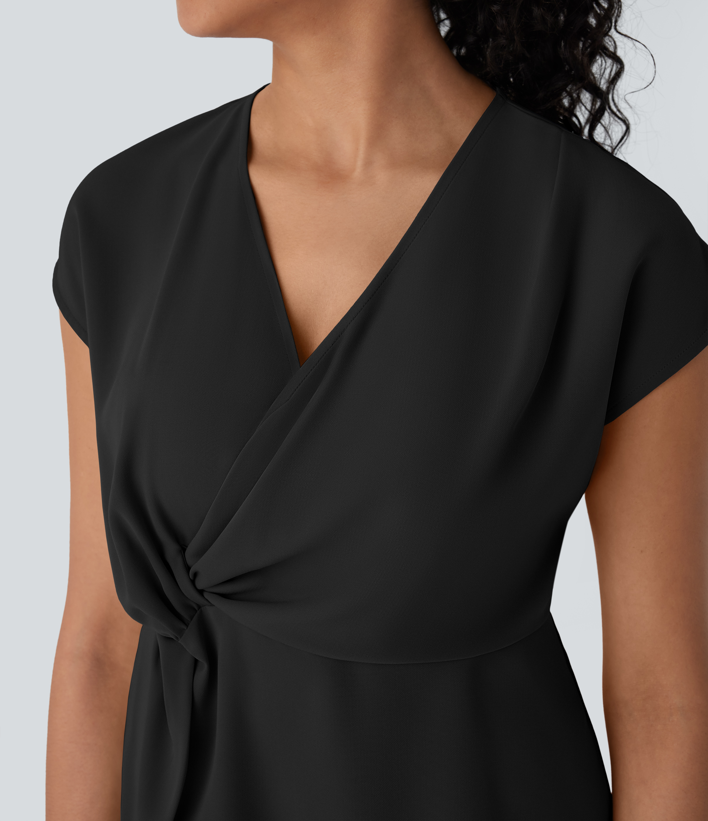 Halara V Neck Short Sleeve Wrapped Ruched Work Blouse  - Black - XS 