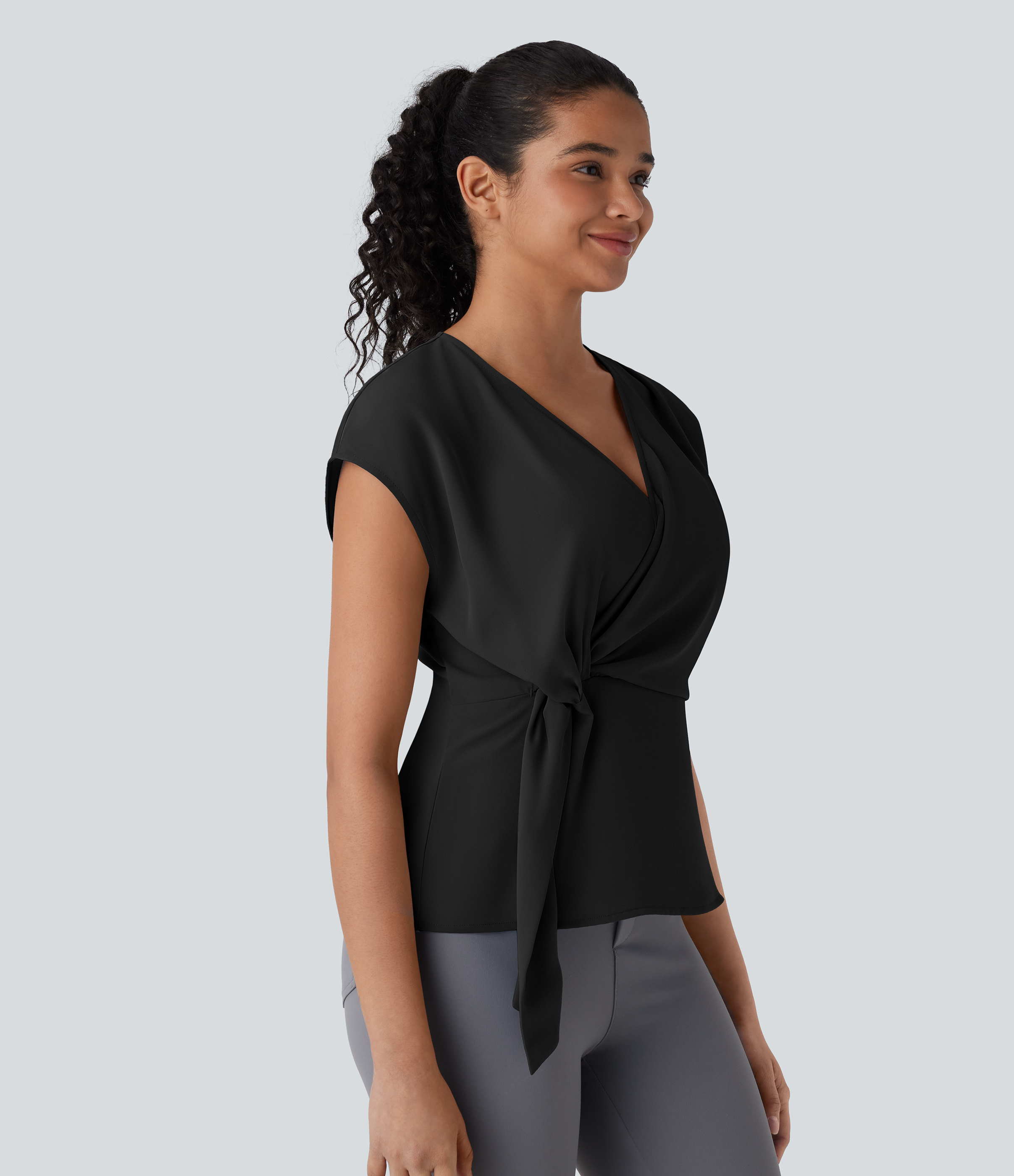 Halara V Neck Short Sleeve Wrapped Ruched Work Blouse  - Black - XS 