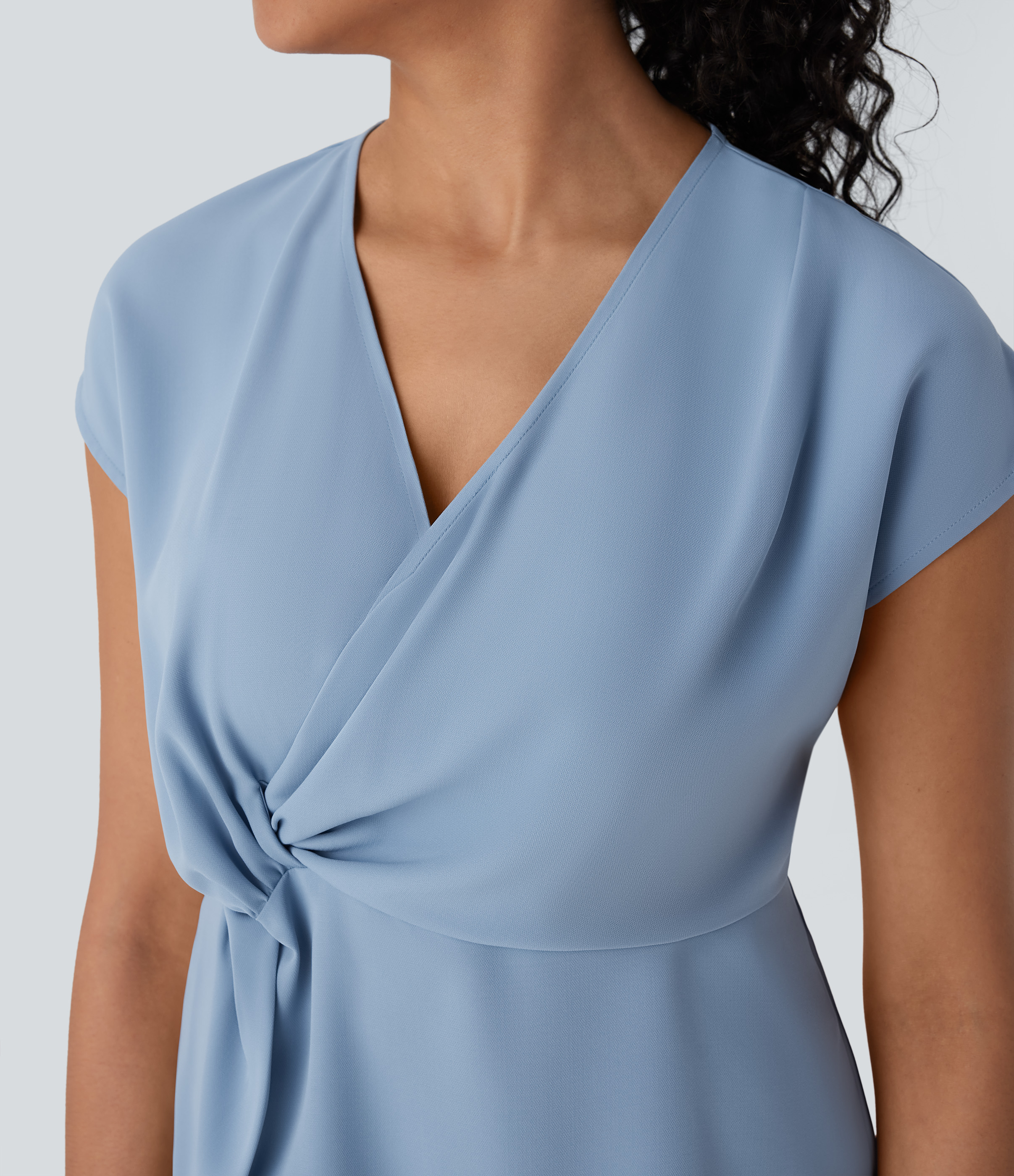 Halara V Neck Short Sleeve Wrapped Ruched Work Blouse  - Skyride - XL 