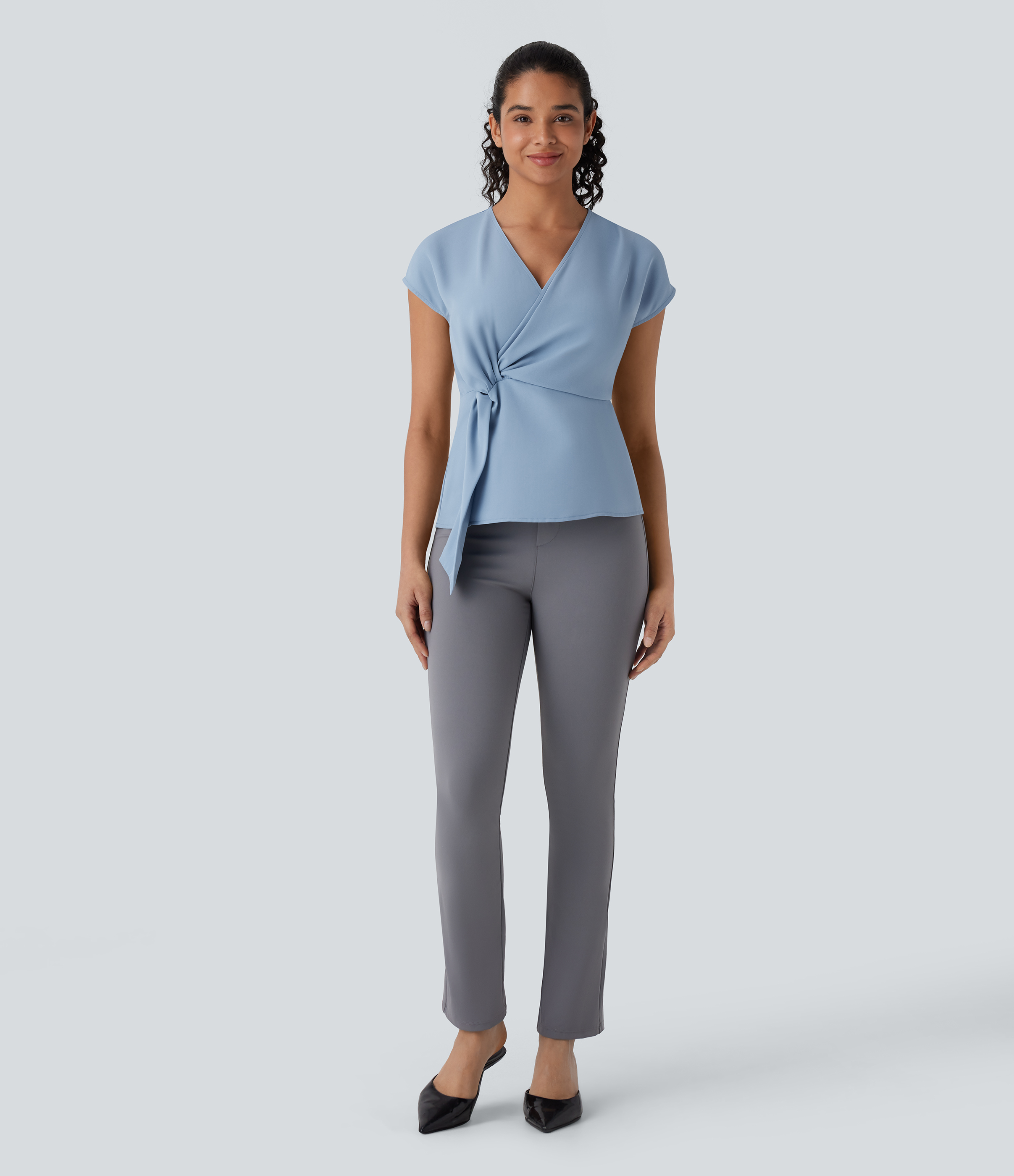 Halara V Neck Short Sleeve Wrapped Ruched Work Blouse  - Skyride - XL 