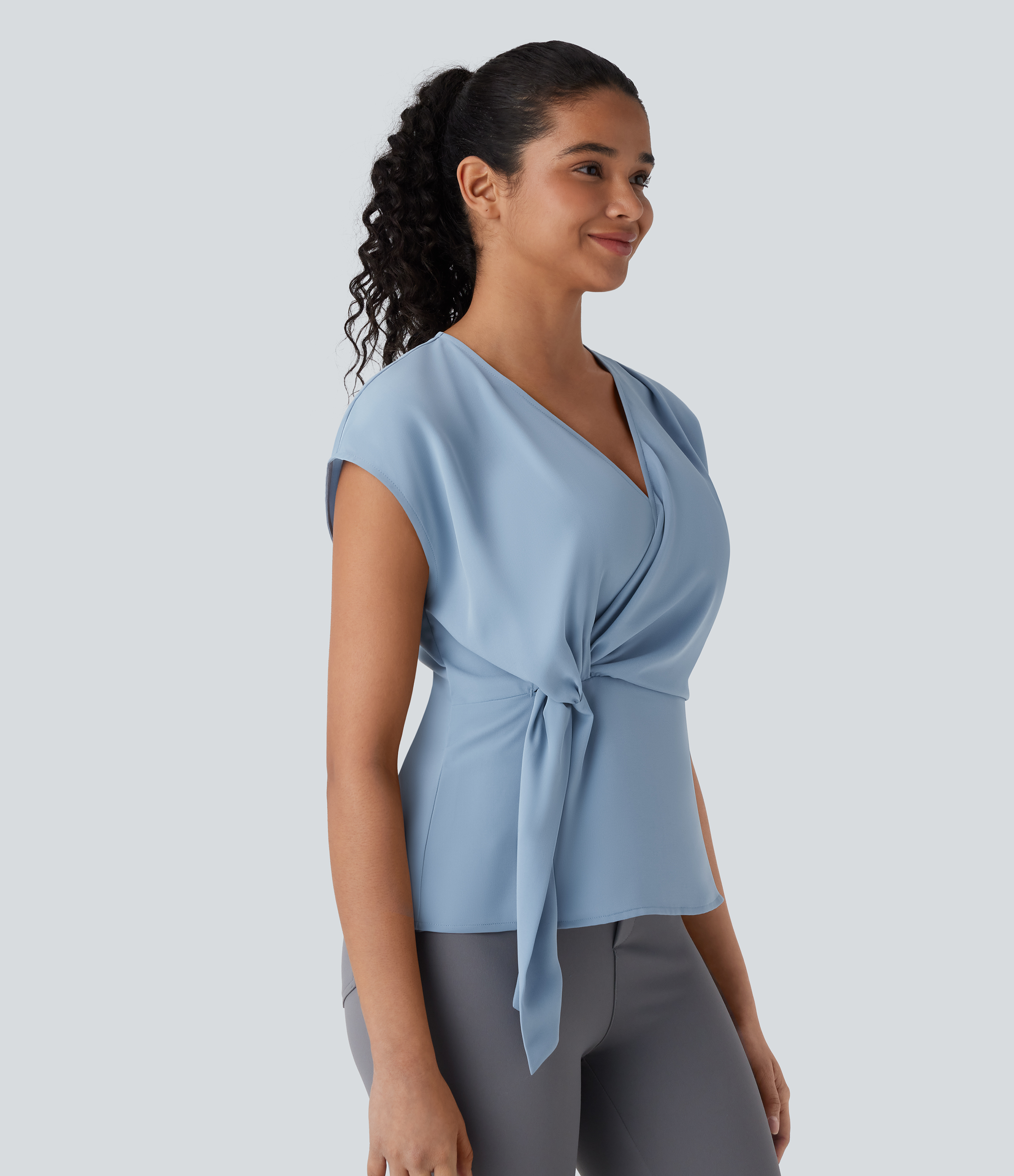Halara V Neck Short Sleeve Wrapped Ruched Work Blouse  - Skyride - XL 
