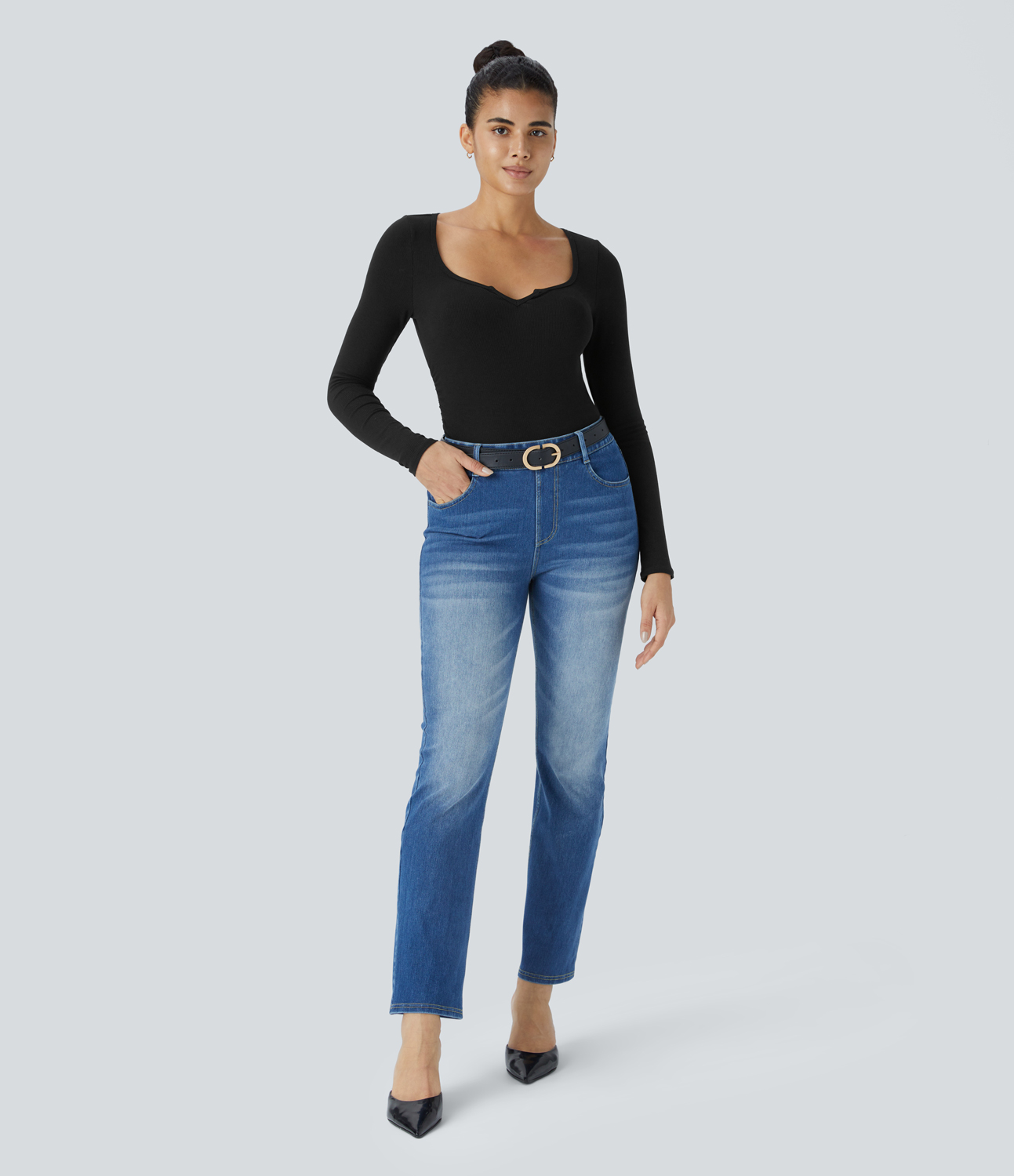 Halara Ribbed Knit Notched Long Sleeve Ruched Curved Hem Skinny Casual Top Tank Top - Black - L golf tops halter top tunic tops 