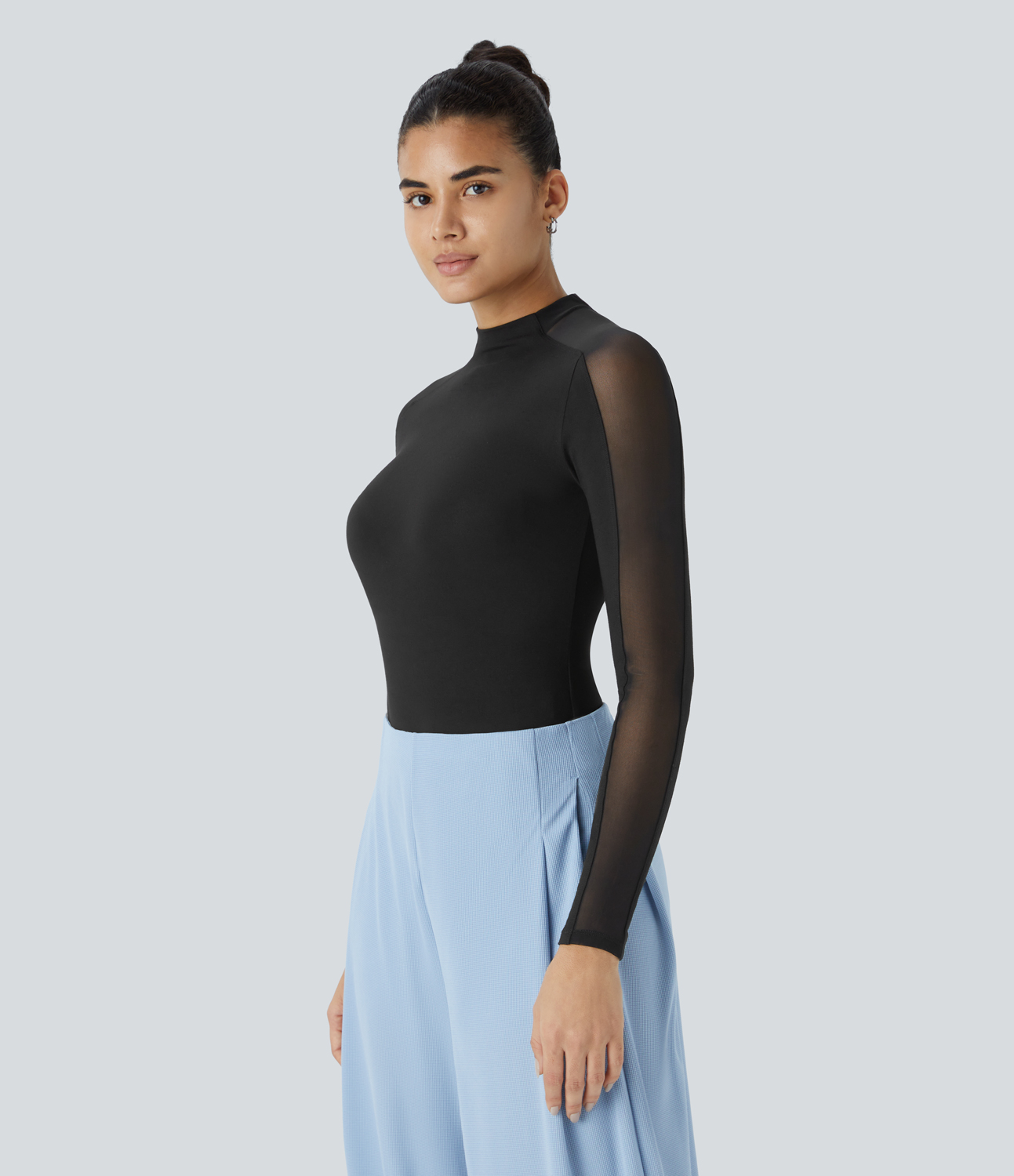 Halara Stand Collar Raglan Long Sleeve Contrast Mesh Skinny Work Top Tank Top - Black - L golf tops halter top tunic tops sleeveless tops 