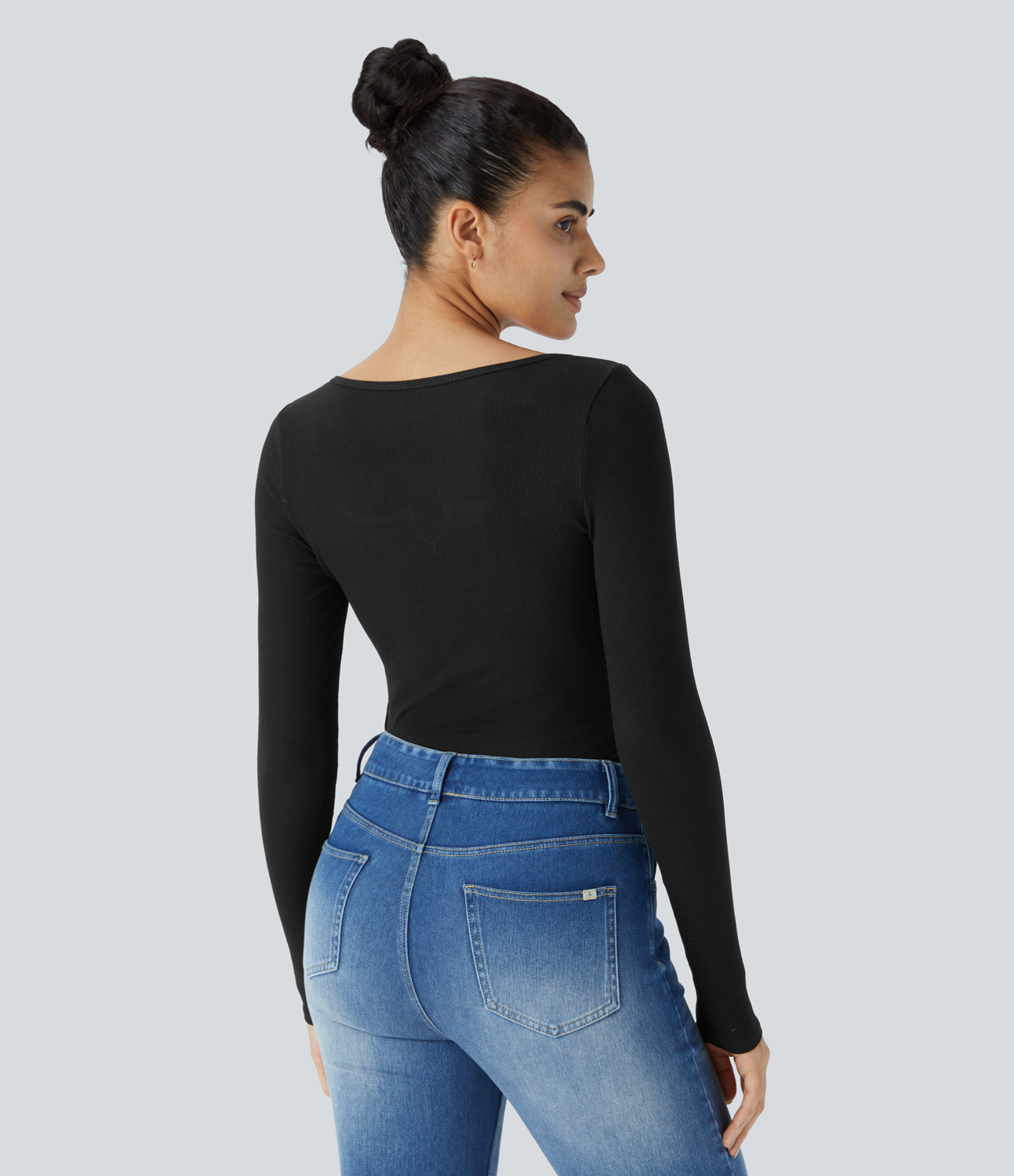Halara Ribbed Knit Notched Long Sleeve Ruched Curved Hem Skinny Casual Top Tank Top - Black - L golf tops halter top tunic tops 