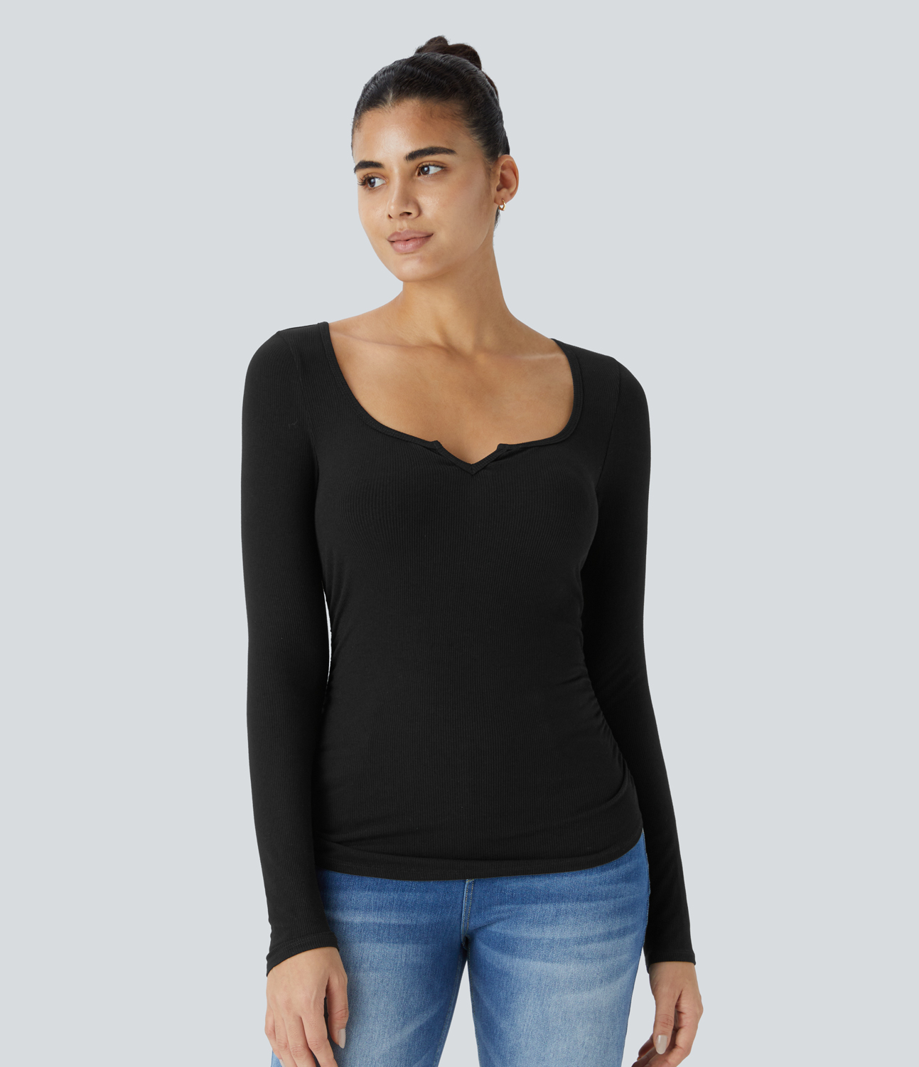 Halara Ribbed Knit Notched Long Sleeve Ruched Curved Hem Skinny Casual Top Tank Top - Black - L golf tops halter top tunic tops 