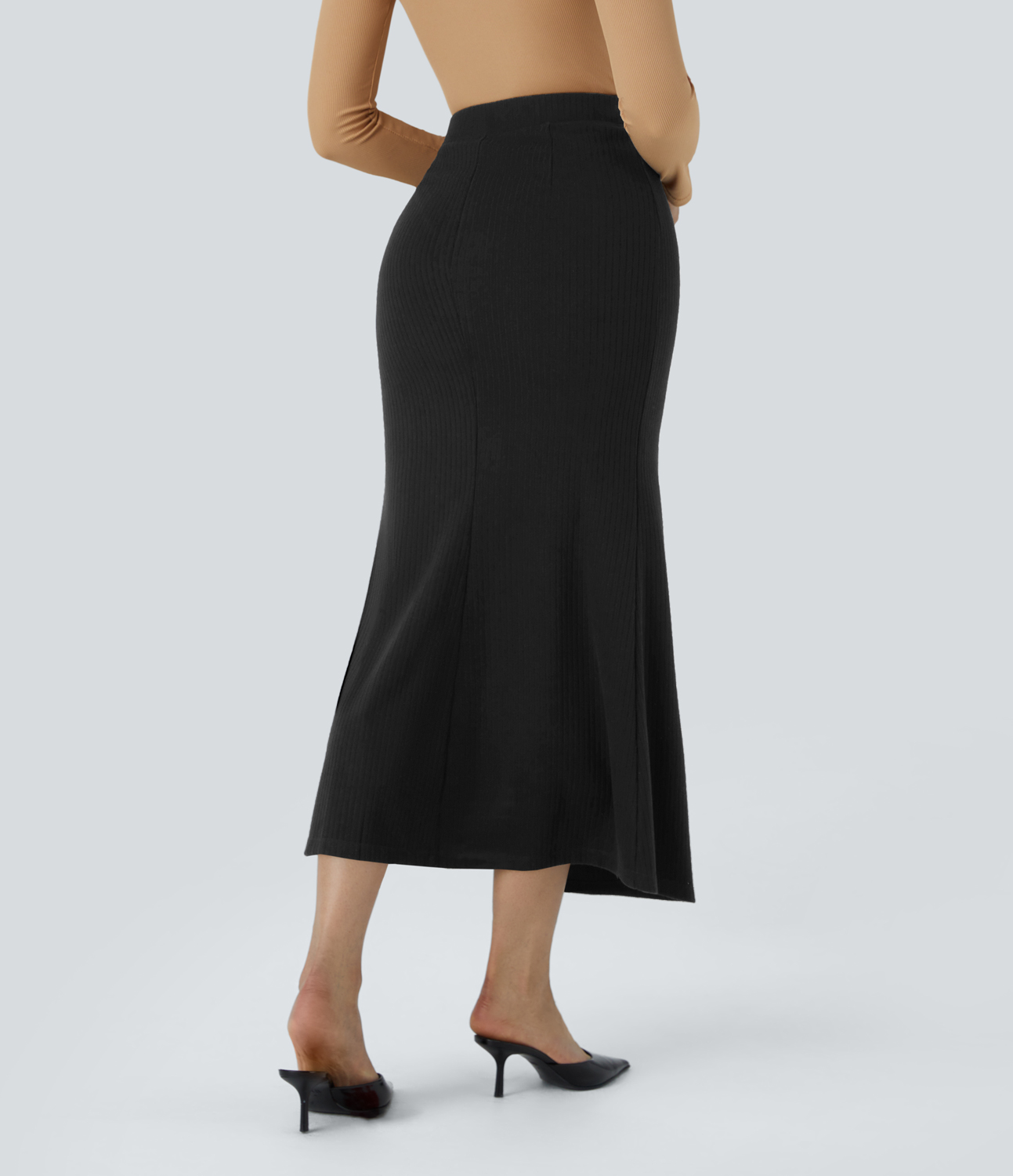 Halara Ribbed Knit High Waisted Adjustable Button Split Bodycon Maxi Casual Skirt  - Black - XS(regular) 