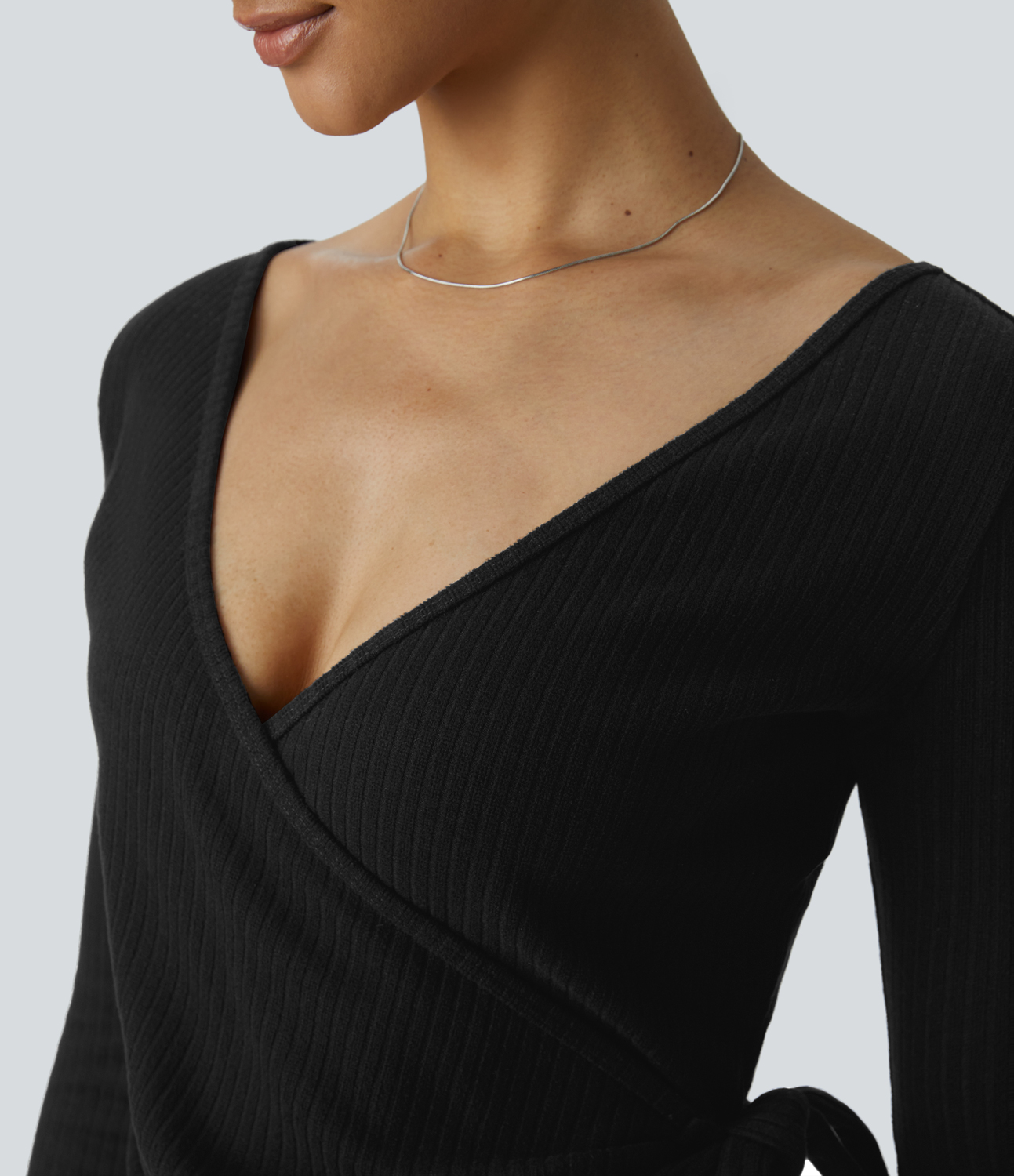 Halara Ribbed Knit V Neck Wrapped Tie Side Long Sleeve Casual Sweater  - Black - M 