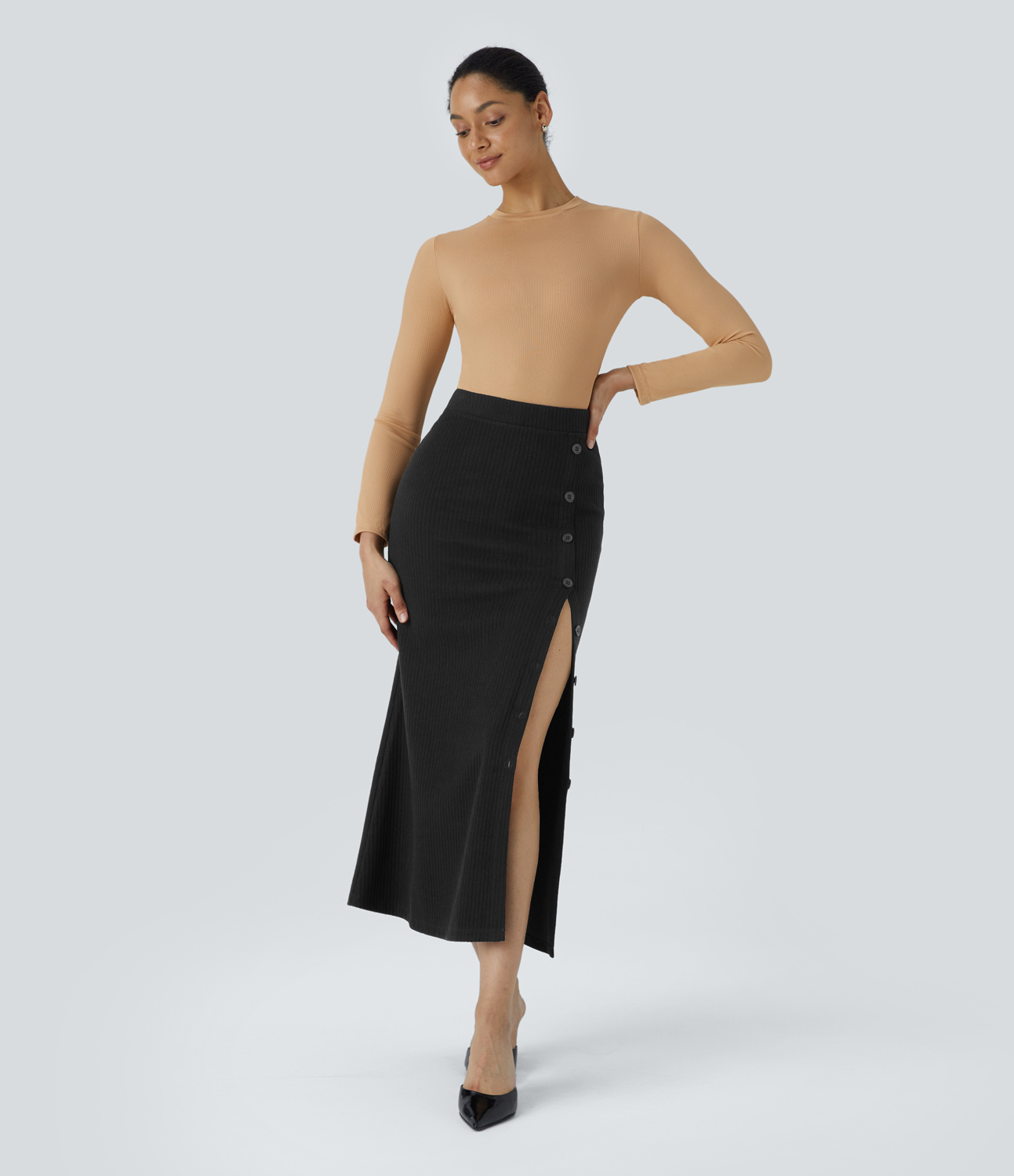 Halara Ribbed Knit High Waisted Adjustable Button Split Bodycon Maxi Casual Skirt  - Black - XS(regular) 