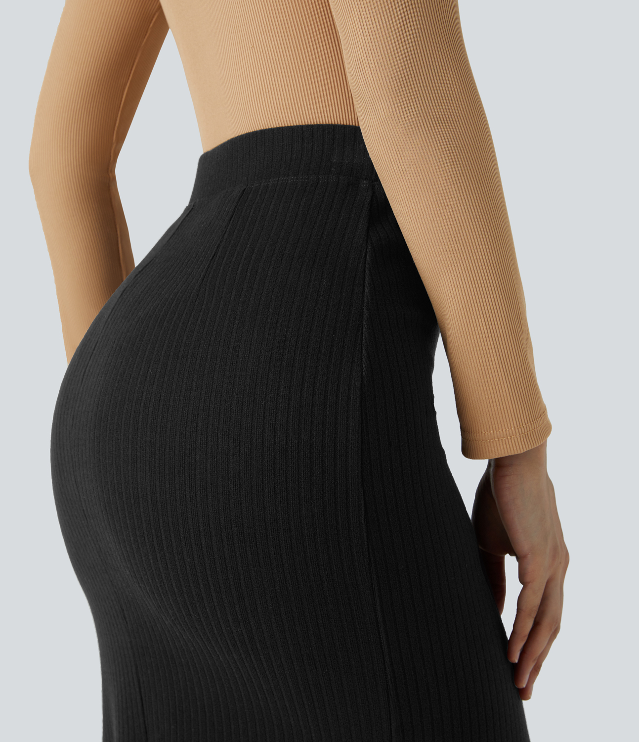 Halara Ribbed Knit High Waisted Adjustable Button Split Bodycon Maxi Casual Skirt  - Black - XS(regular) 