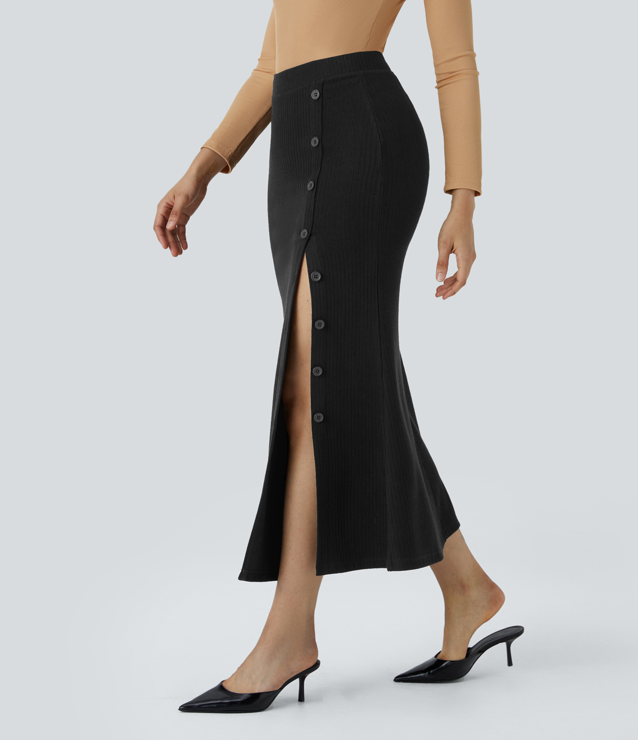 Halara Ribbed Knit High Waisted Adjustable Button Split Bodycon Maxi Casual Skirt  - Black - XS(regular) 