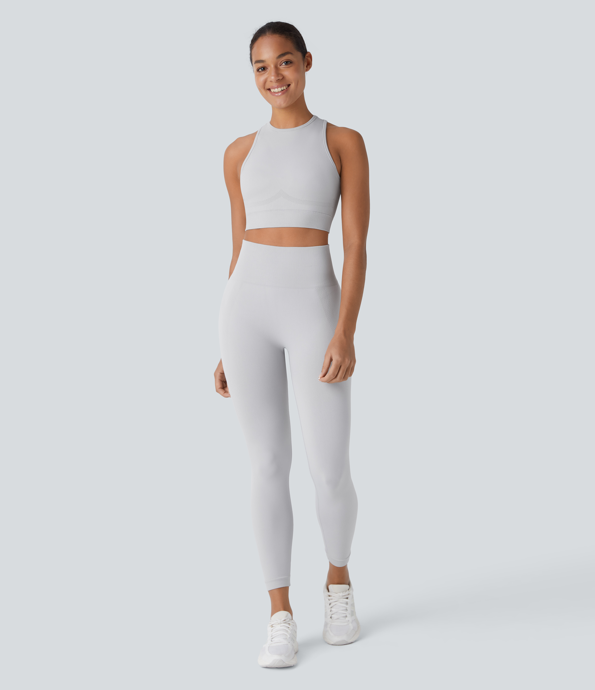 Halara Seamless Flow Round Neck Racerback Cropped Skinny Yoga Tank Top Tank Top - Nimbus Cloud - XS golf tops halter top tunic tops 