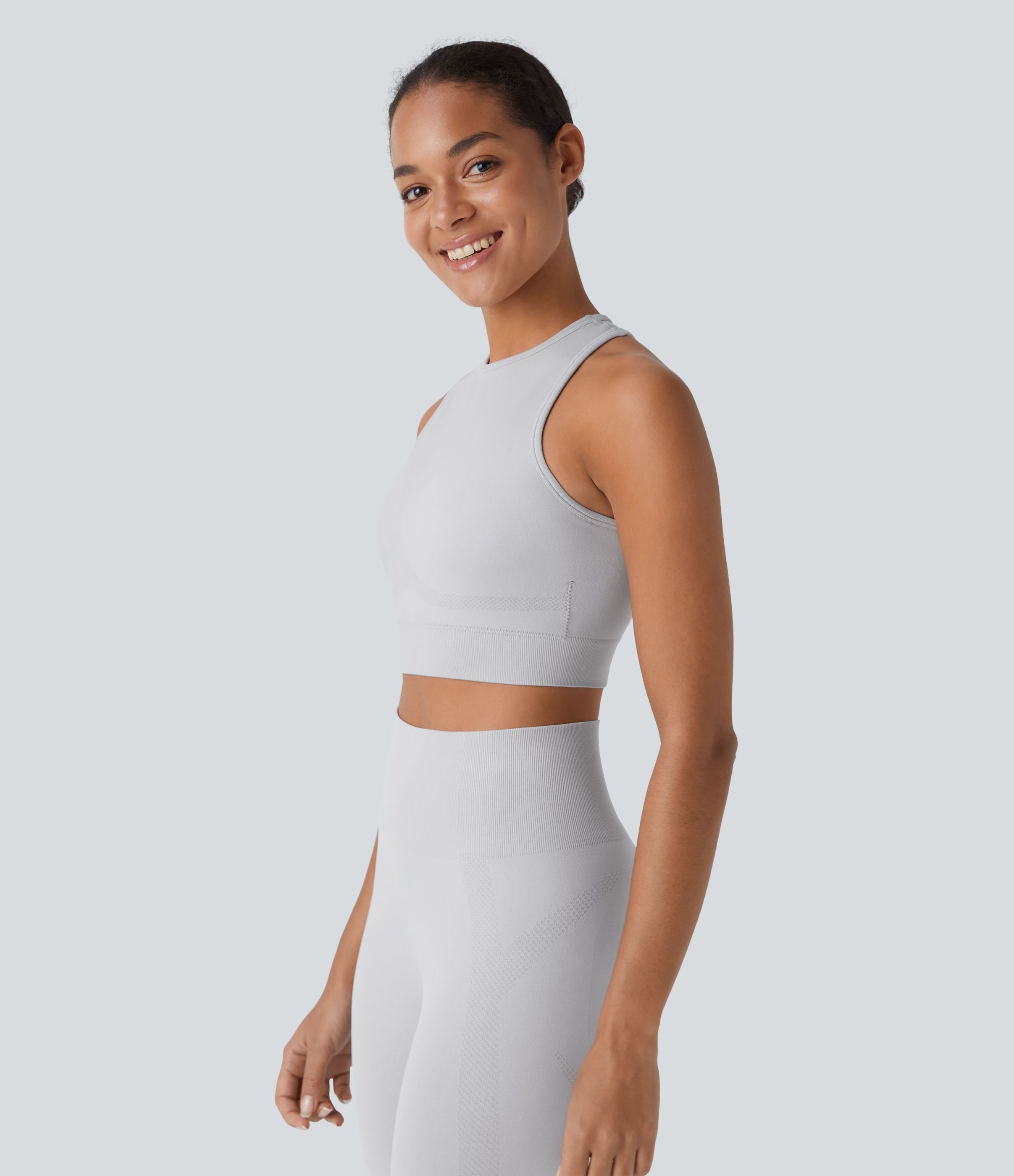 Halara Seamless Flow Round Neck Racerback Cropped Skinny Yoga Tank Top Tank Top - Nimbus Cloud - XS golf tops halter top tunic tops 