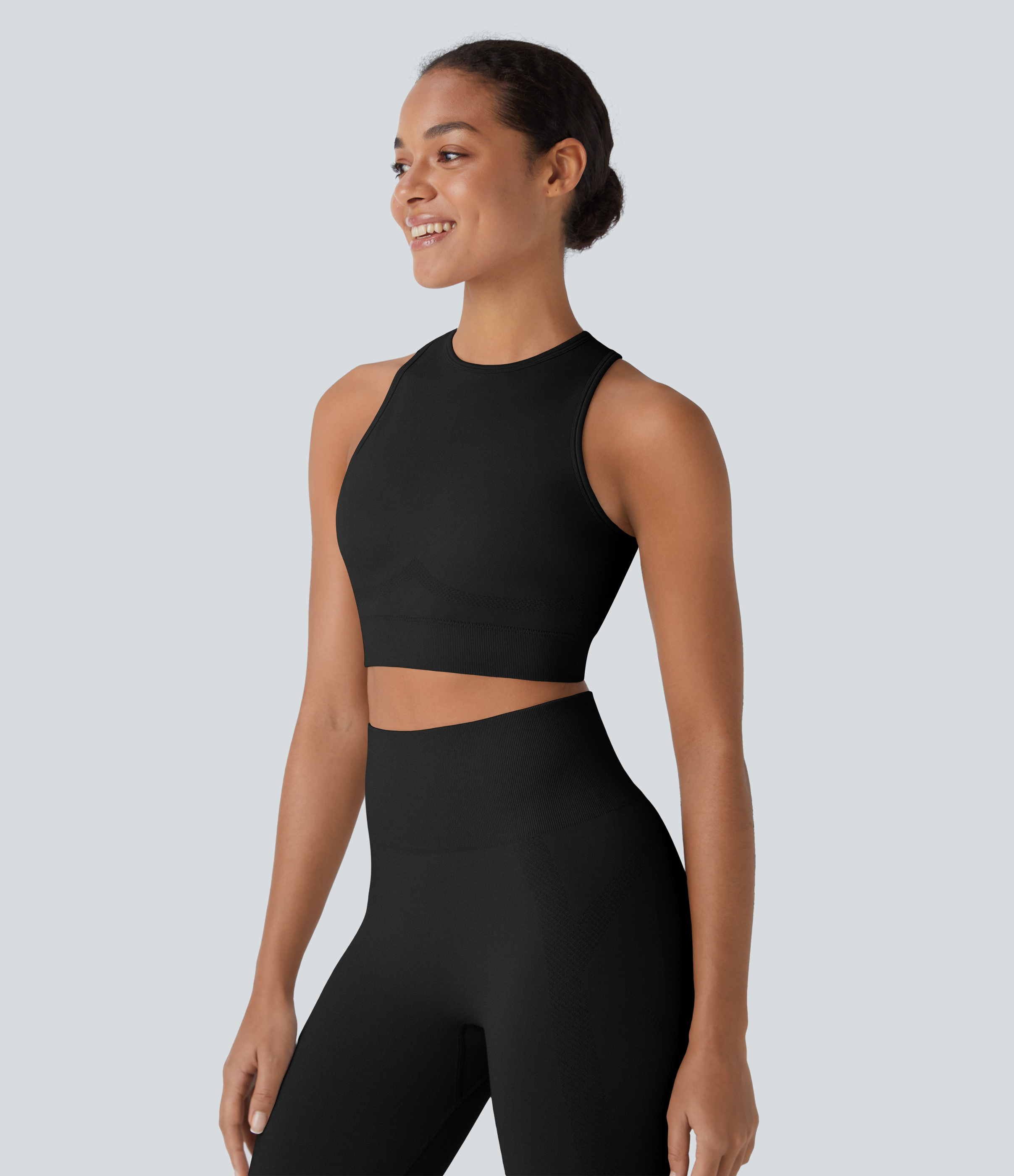 Halara Seamless Flow Round Neck Racerback Cropped Skinny Yoga Tank Top Tank Top - Black - L golf tops halter top tunic tops sleeveless tops 