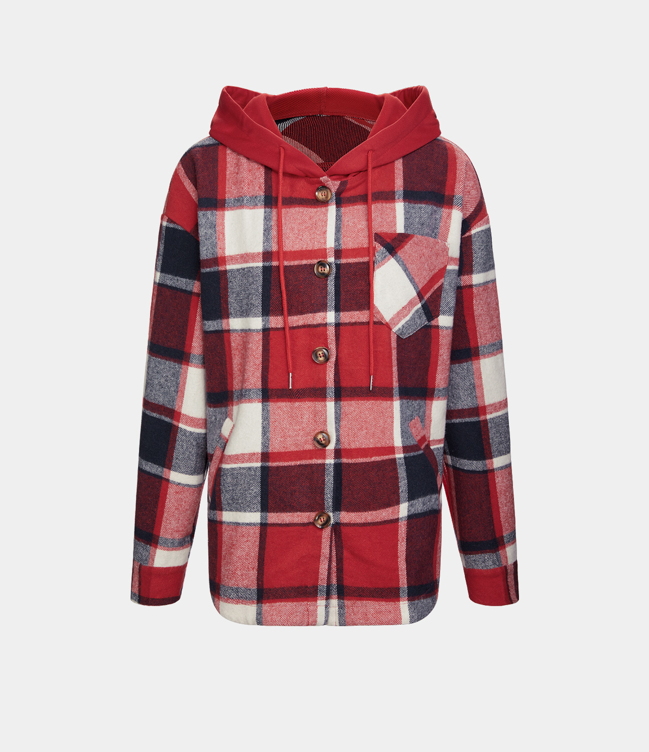 Halara Hooded Drawstring Button Side Pocket Plaid Fleece Casual Jacket  - Volcanic Red Lattice - XL 