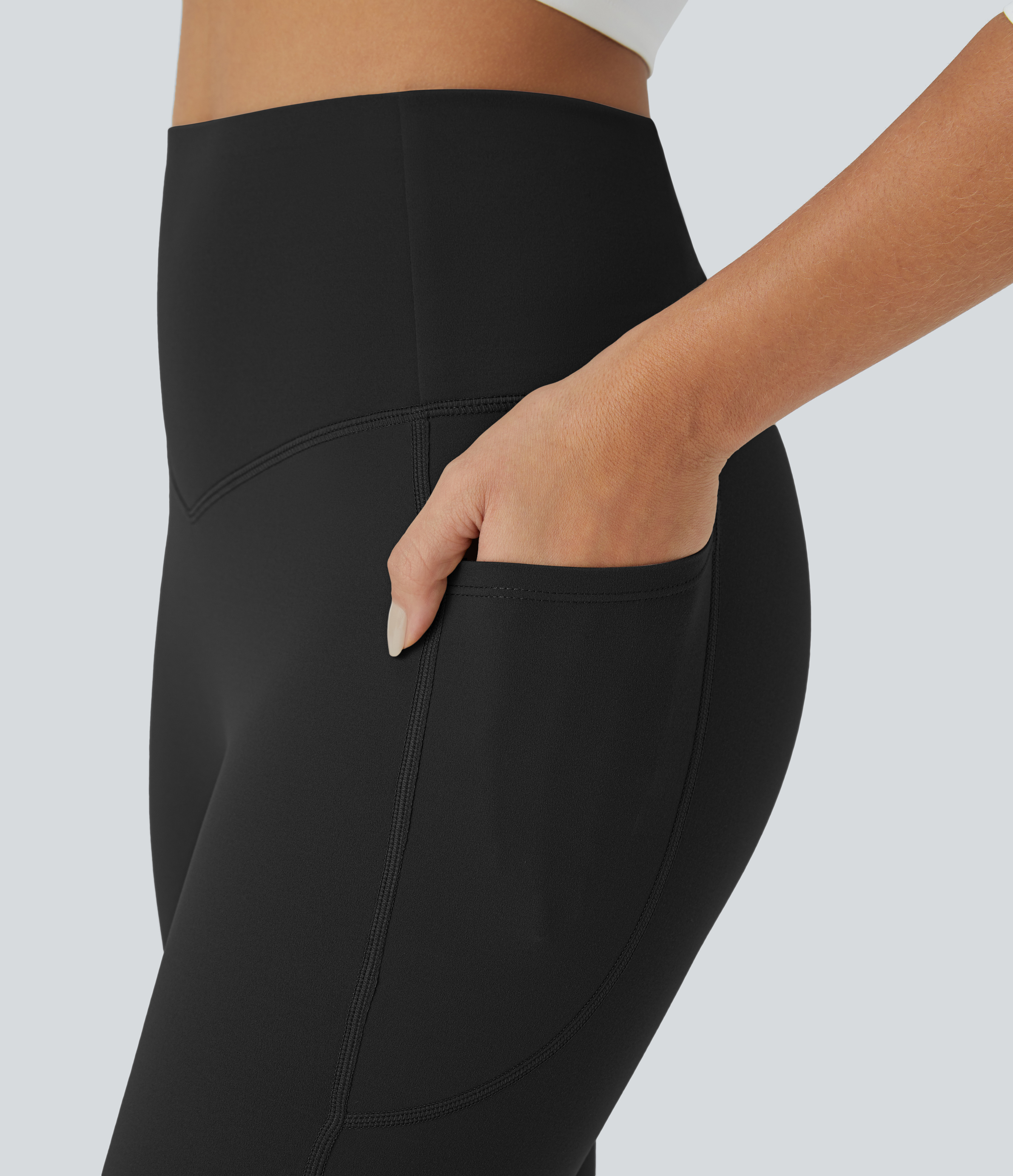 Halara SoCinched High Waisted Tummy Control Side Pocket Crossover Ruched Shaping Yoga UltraSculpt Slight Flare Leggings  - Black - M(regular) 