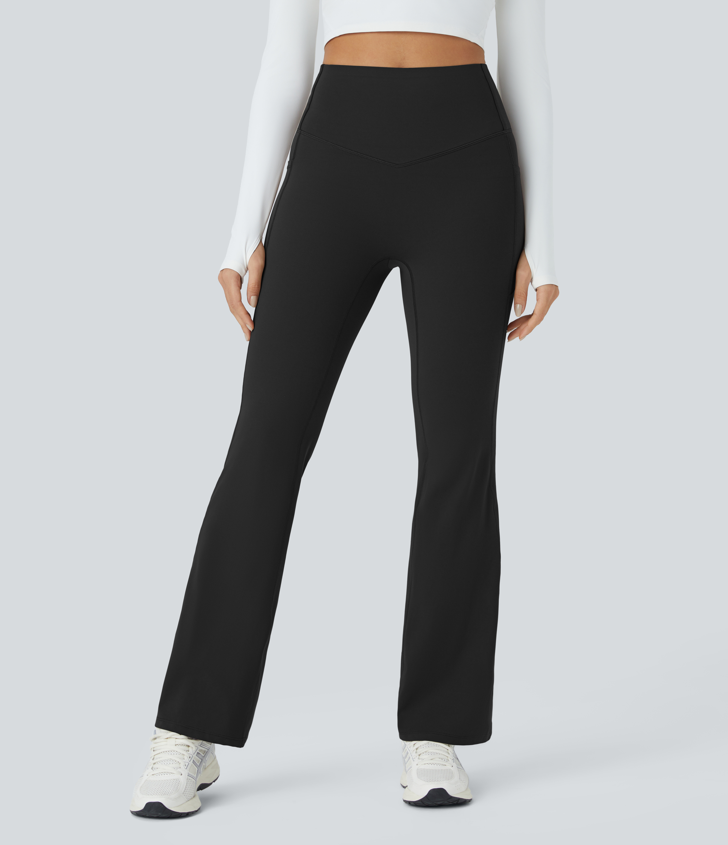 Halara SoCinched High Waisted Tummy Control Side Pocket Crossover Ruched Shaping Yoga UltraSculpt Slight Flare Leggings  - Black - M(regular) 