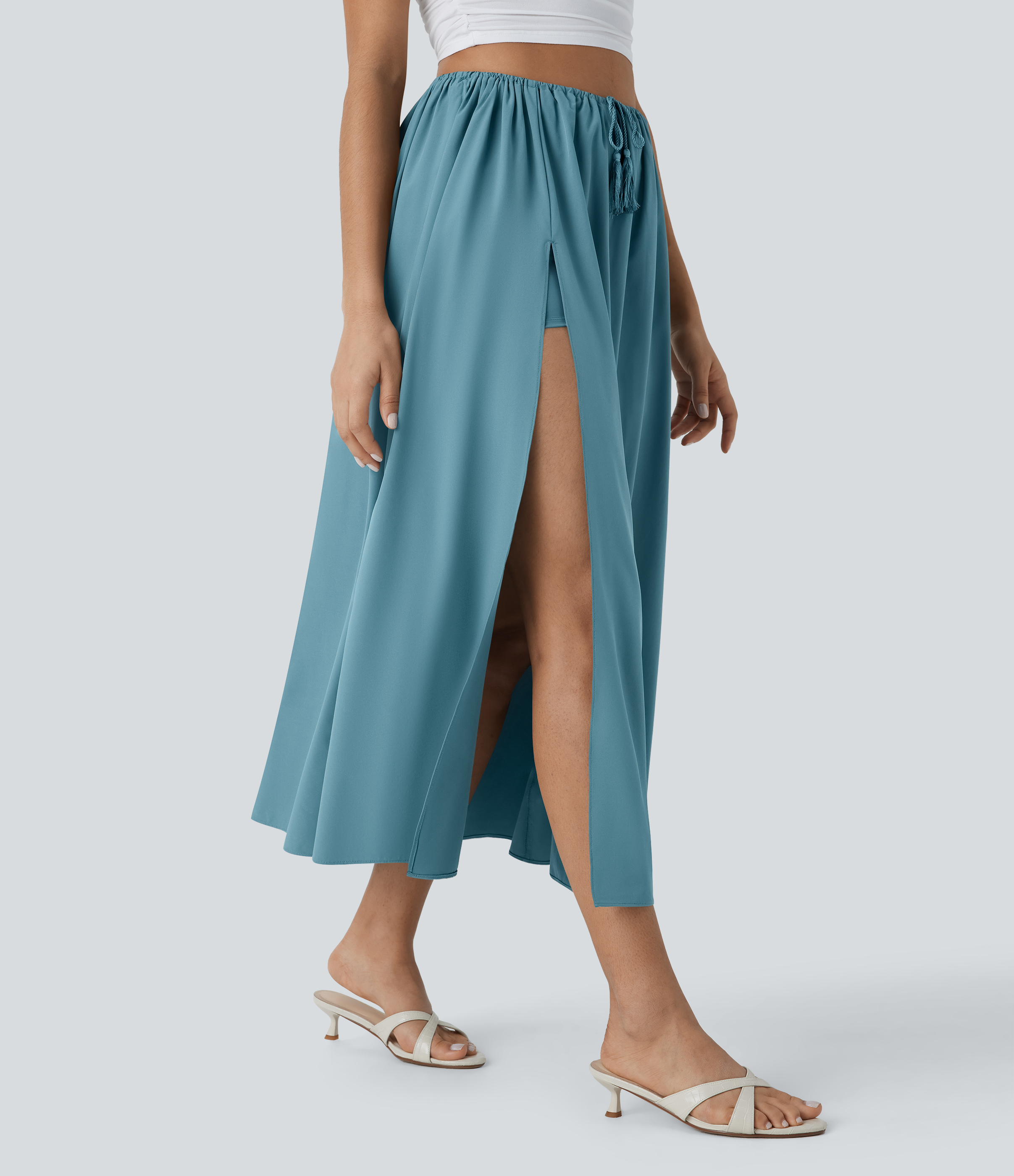 Halara Breezefulв„ў High Waisted Drawstring Split Flowy Quick Dry 2-Piece Midi Resort Skirt  - Stone Blue - XS(regular) 