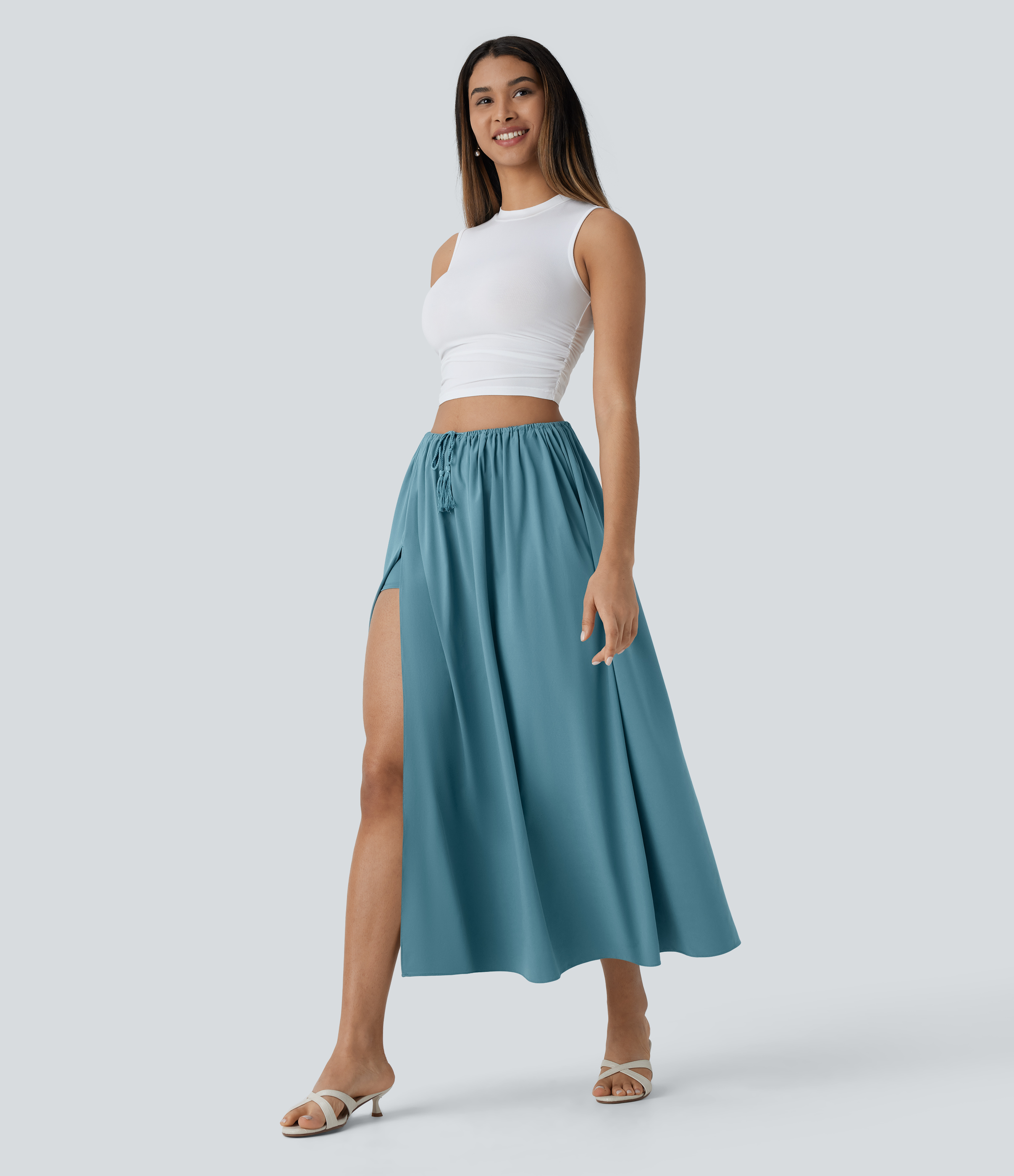 Halara Breezefulв„ў High Waisted Drawstring Split Flowy Quick Dry 2-Piece Midi Resort Skirt  - Stone Blue - XS(regular) 