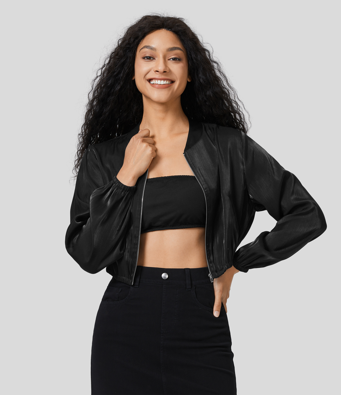 Halara Side Pocket Zipper Shine Casual Bomber Jacket  - Black - L 