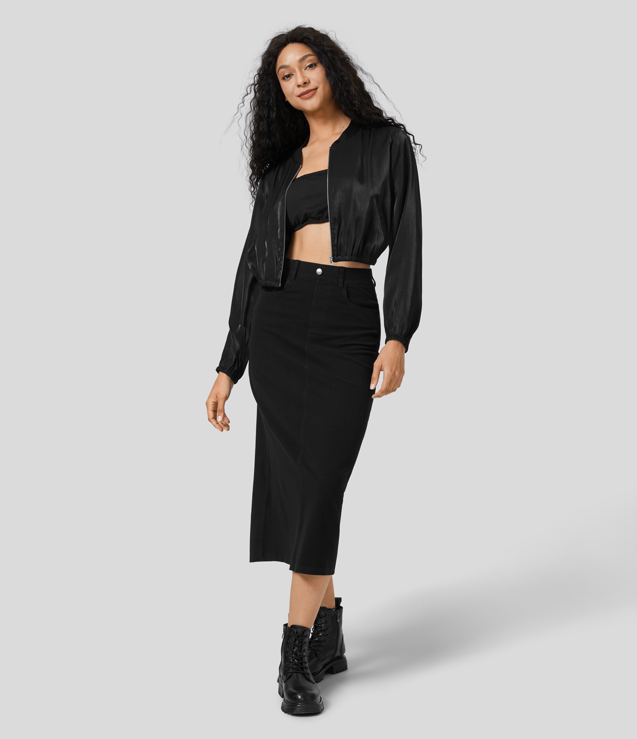 Halara Side Pocket Zipper Shine Casual Bomber Jacket  - Black - L 