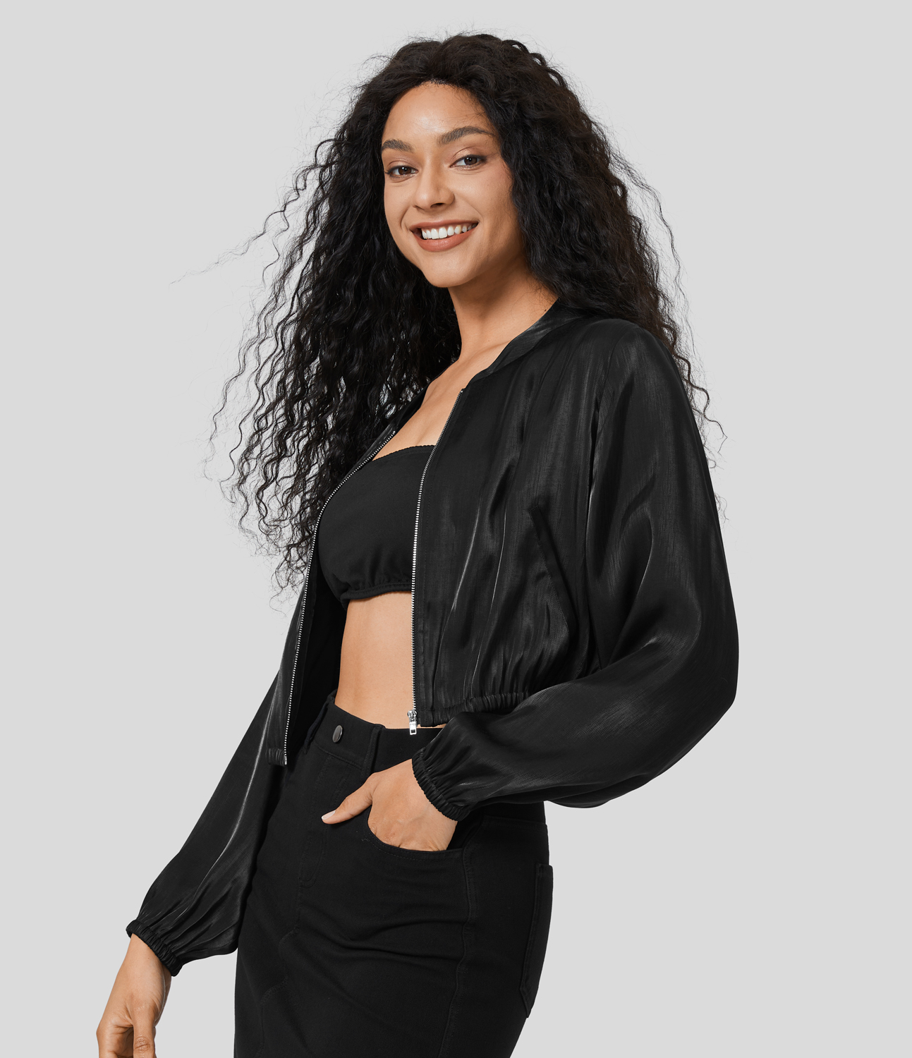Halara Side Pocket Zipper Shine Casual Bomber Jacket  - Black - L 