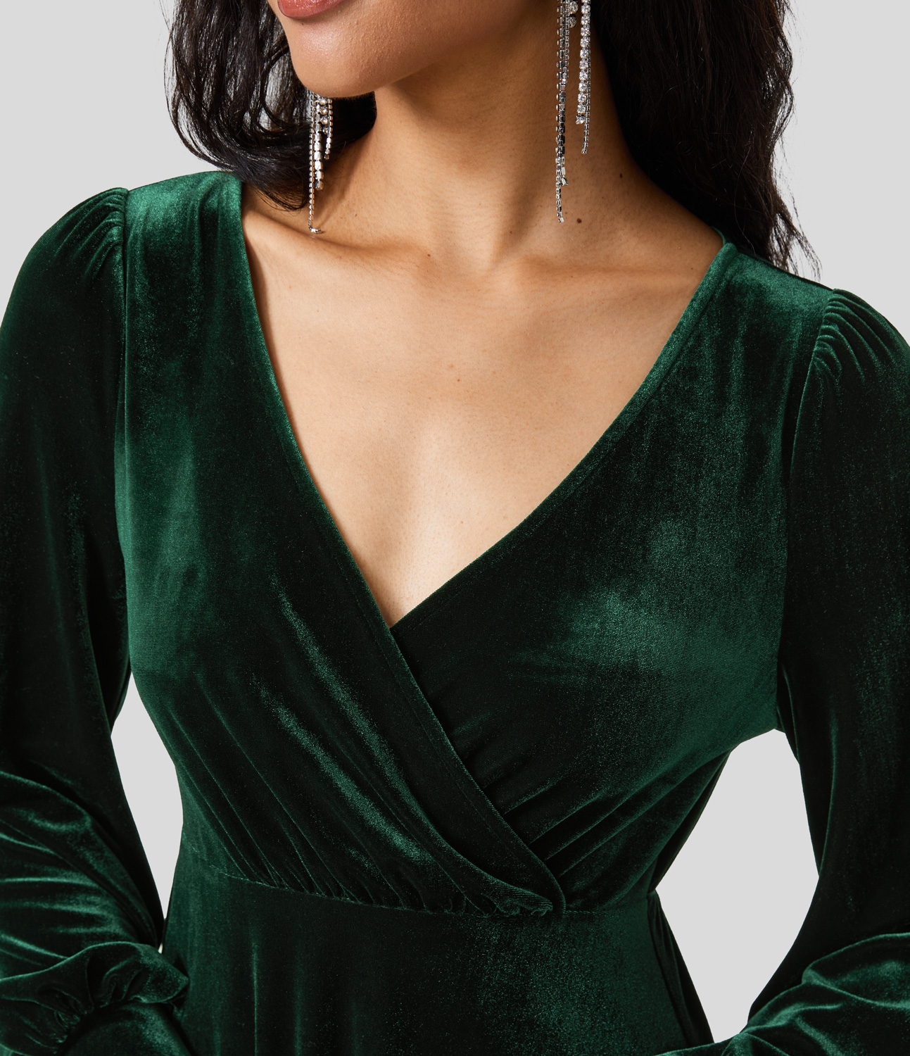 Halara V Neck Crossover Plicated Bishop Sleeve High Low Flowy Velvet Midi Casual Dress Casual Dress - Mossy Forest - XS slip dress 