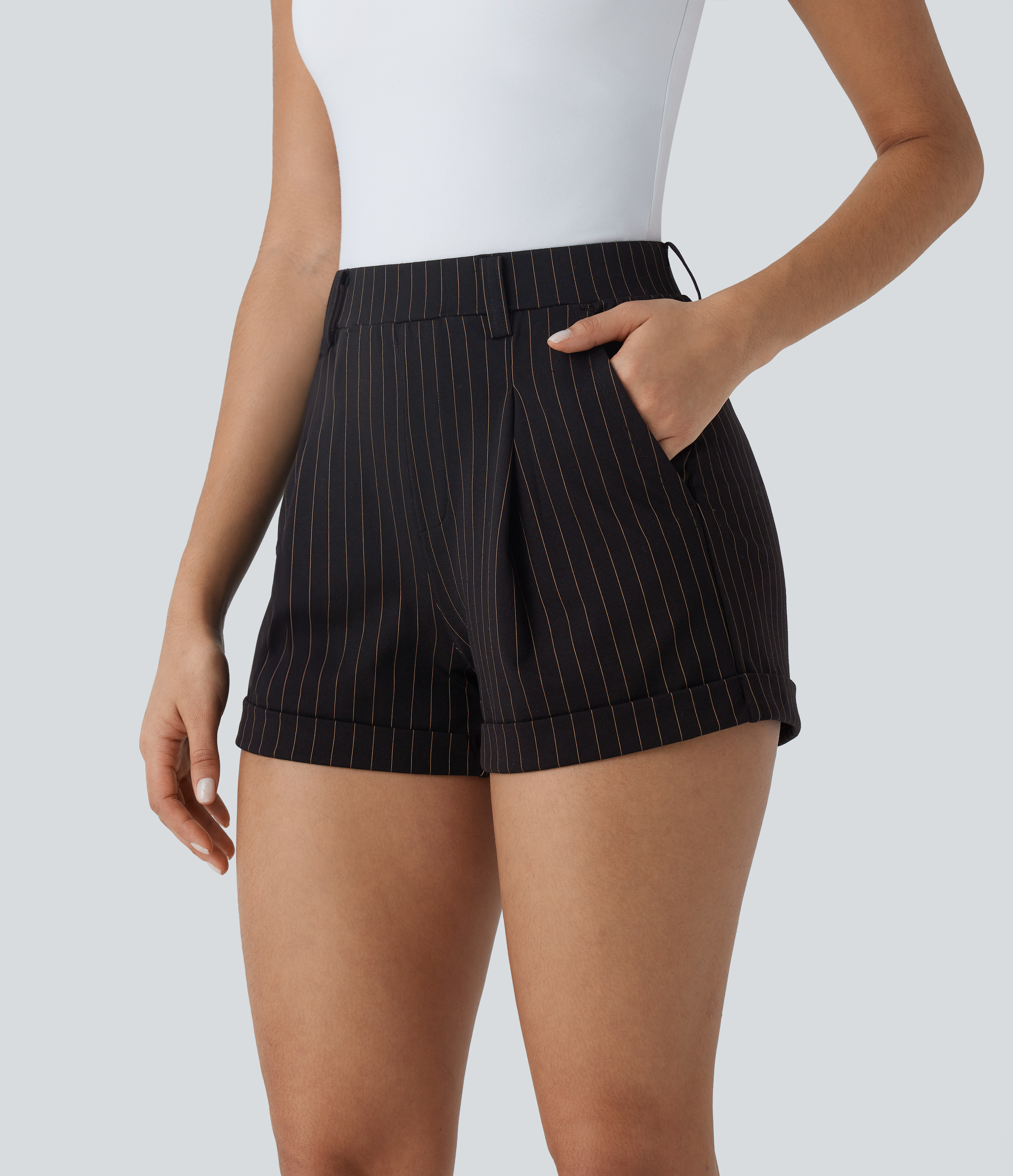 Halara High Waisted Side Pocket Cool Touch Stripe Work Shorts 3``  - Black Brown Black Pinstripe - M 