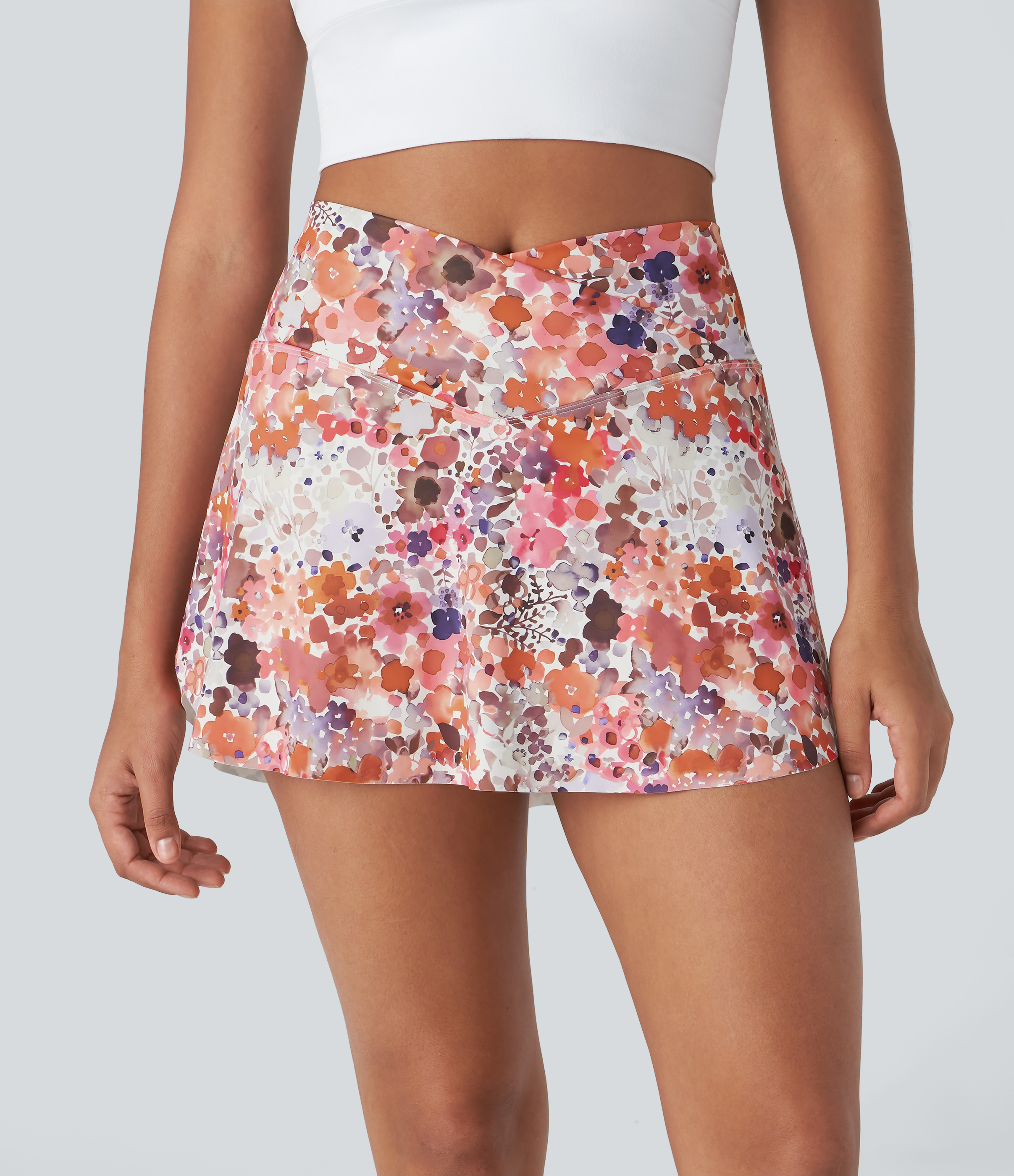 Halara Crossover 2-in-1 Side Pocket Floral Print Pickleball Skirt  - Creamy White Abstract Print - XS(regular) midi skirt a line skirt 