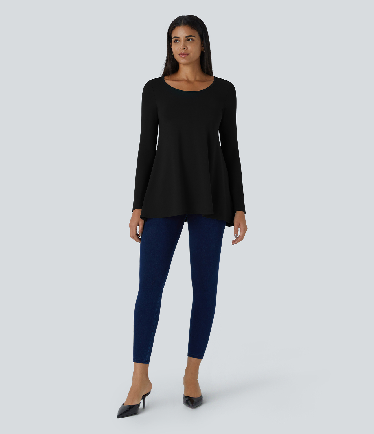 Halara Round Neck Long Sleeve Casual Tunic Top Tank Top - Black - XL golf tops halter top tunic tops sleeveless tops backless top 