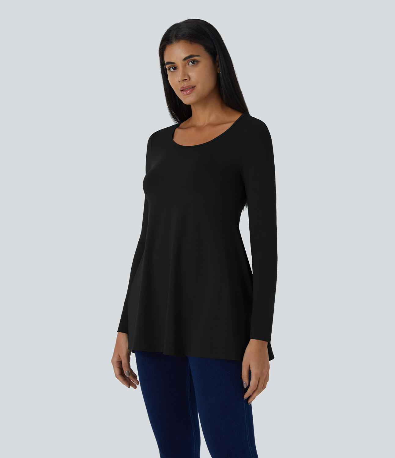 Halara Round Neck Long Sleeve Casual Tunic Top Tank Top - Black - XL golf tops halter top tunic tops sleeveless tops backless top 