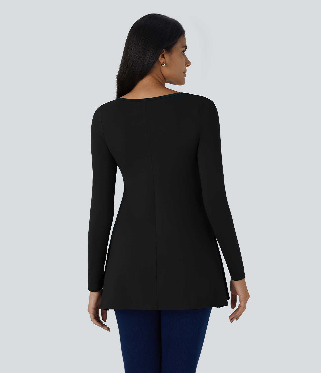 Halara Round Neck Long Sleeve Casual Tunic Top Tank Top - Black - XL golf tops halter top tunic tops sleeveless tops backless top 