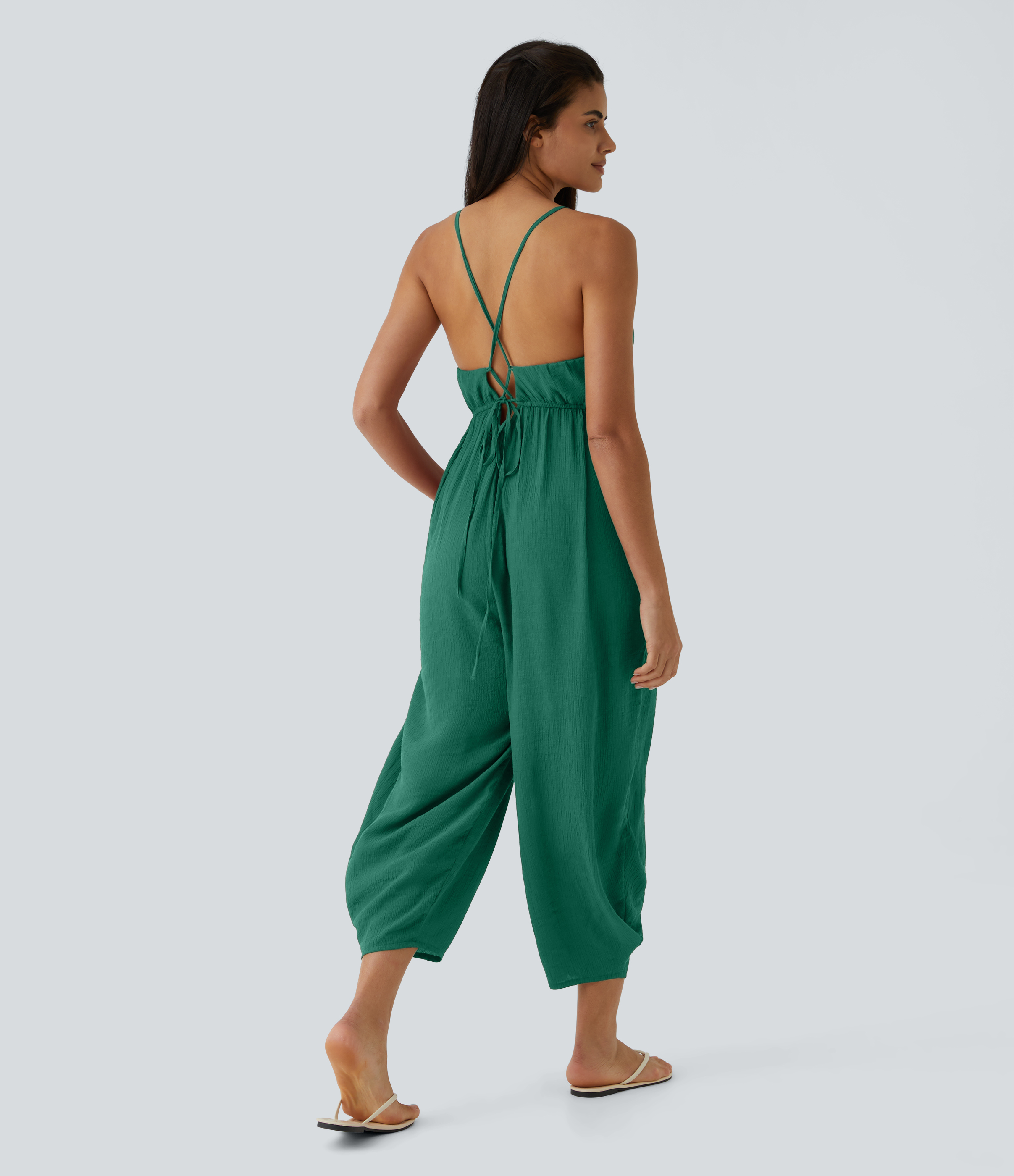 Quiet Pool Green Spaghetti Strap Backless Lace Up Side Pocket Resort Jumpsuit / 2