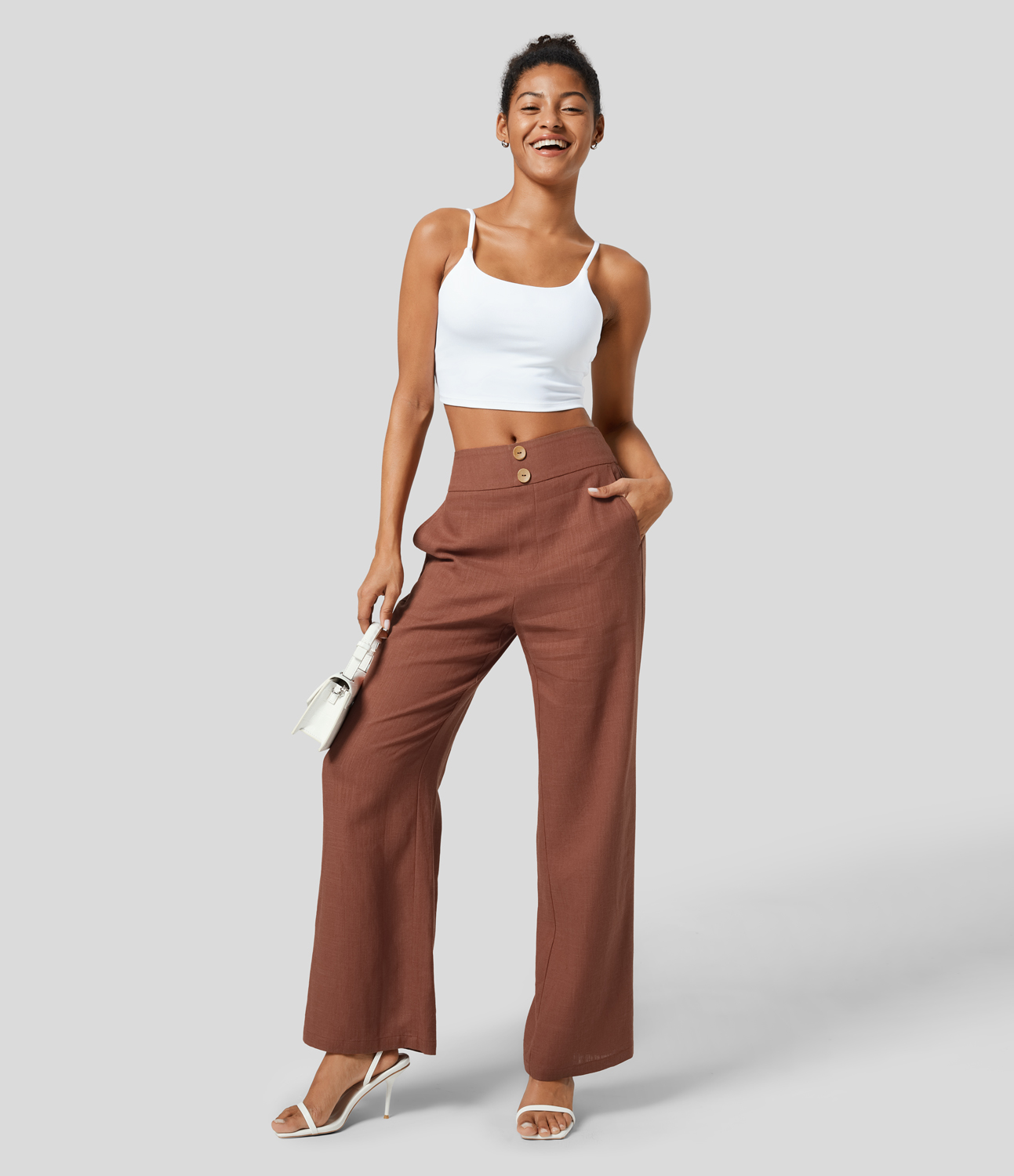 

Halara High Waisted Button Side Pocket Straight Leg Casual Linen-Blend Pants - Maple Syrup -  sweatpants jogger pants