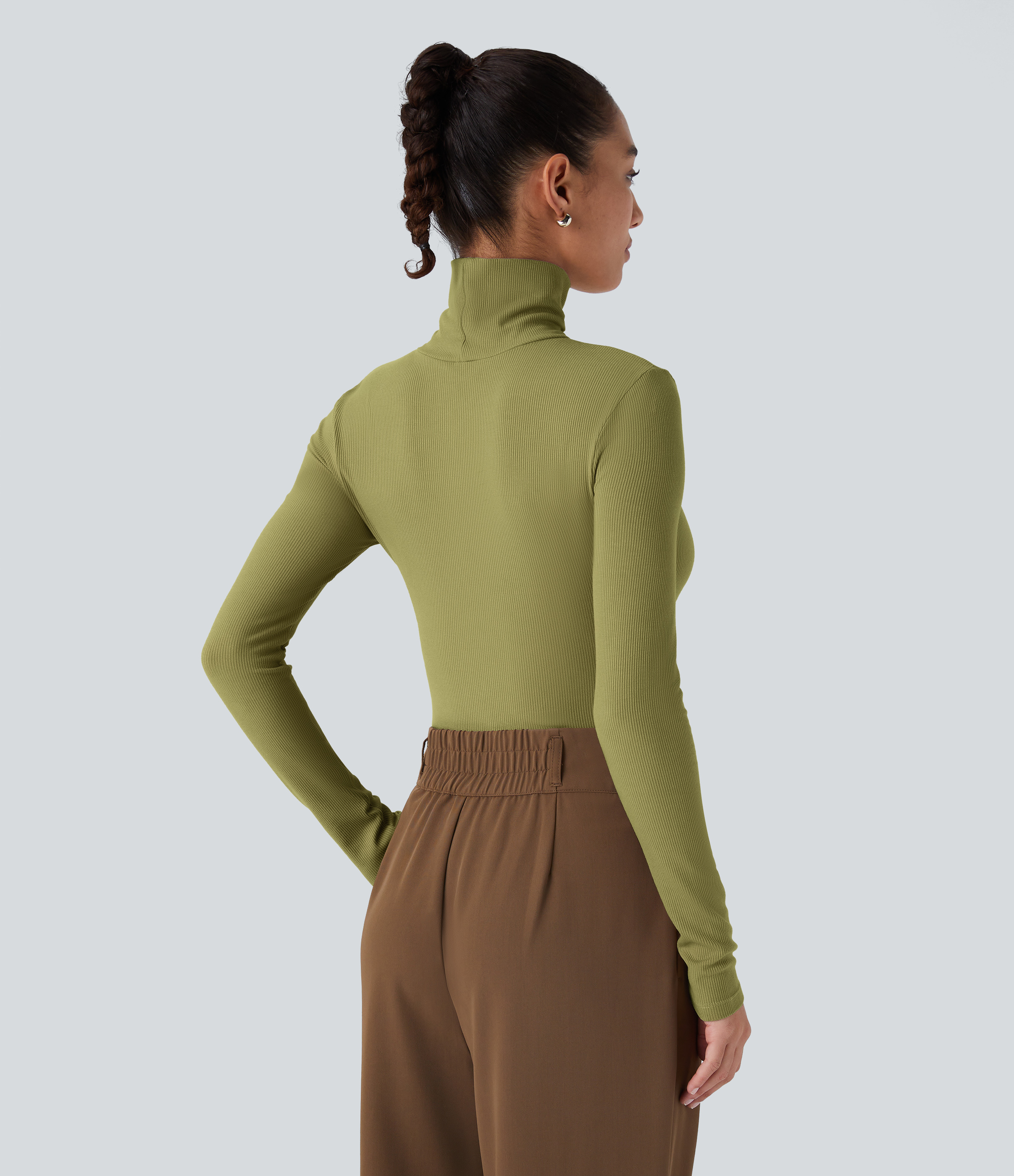 Halara Ribbed Knit High Collar Long Sleeve Casual Top Tank Top - Green Olive - S golf tops halter top tunic tops sleeveless tops backless top 