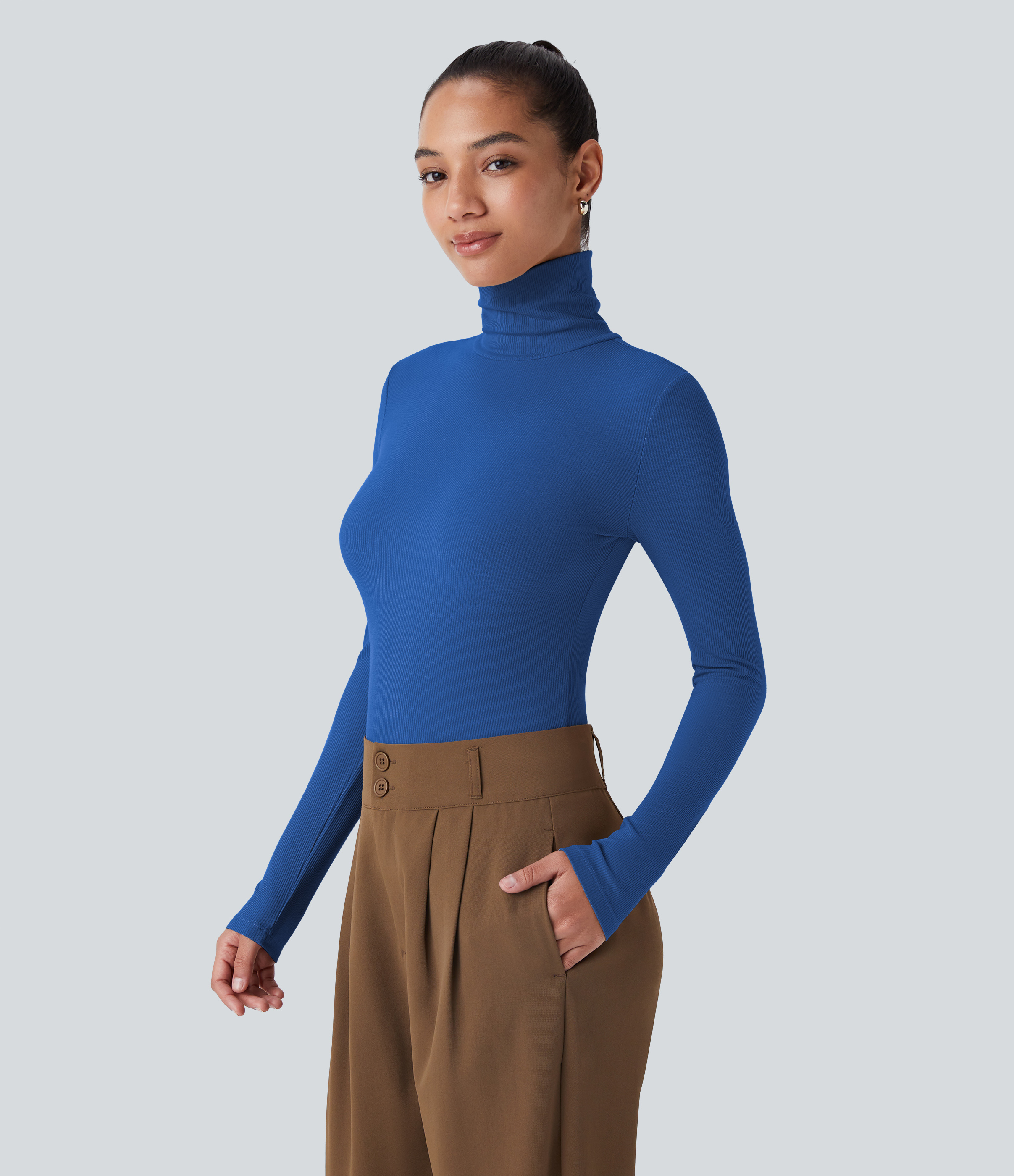 Halara Ribbed Knit High Collar Long Sleeve Casual Top Tank Top - Deep Lake Blue - XL golf tops halter top tunic tops sleeveless tops 